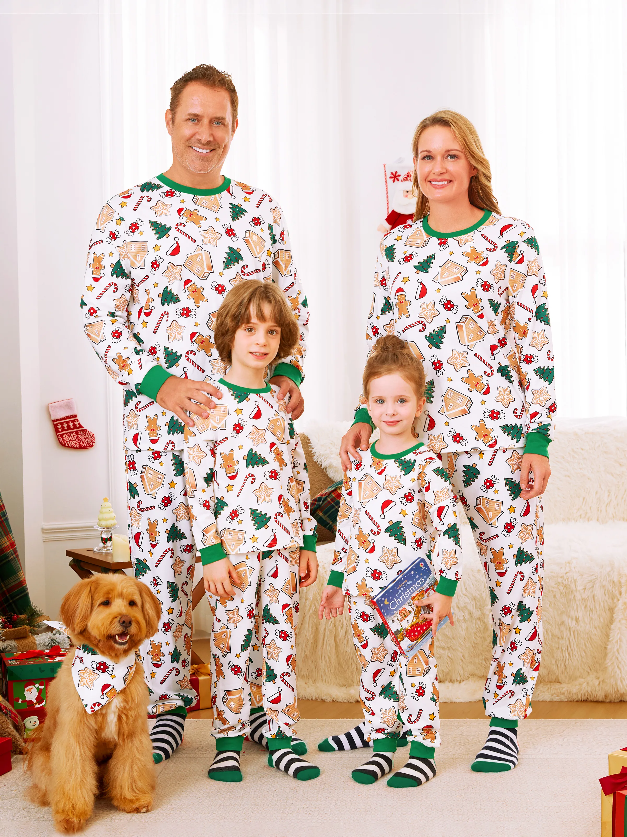 Gingerbread House Pajamas Matching Family Green Christmas PJs Sets with Christmas Socks Multi-color - XNAUWBI