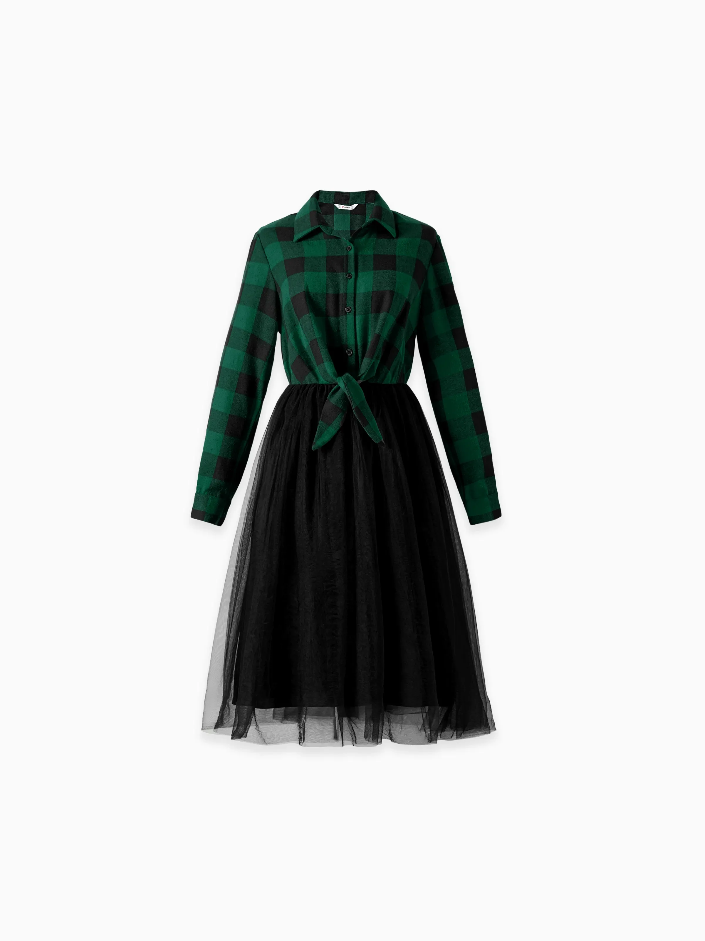 Family Matching Sets Green Plaid Long Sleeves Shirt or Tulle Mesh Dress DarkGreen - XNAUWBI
