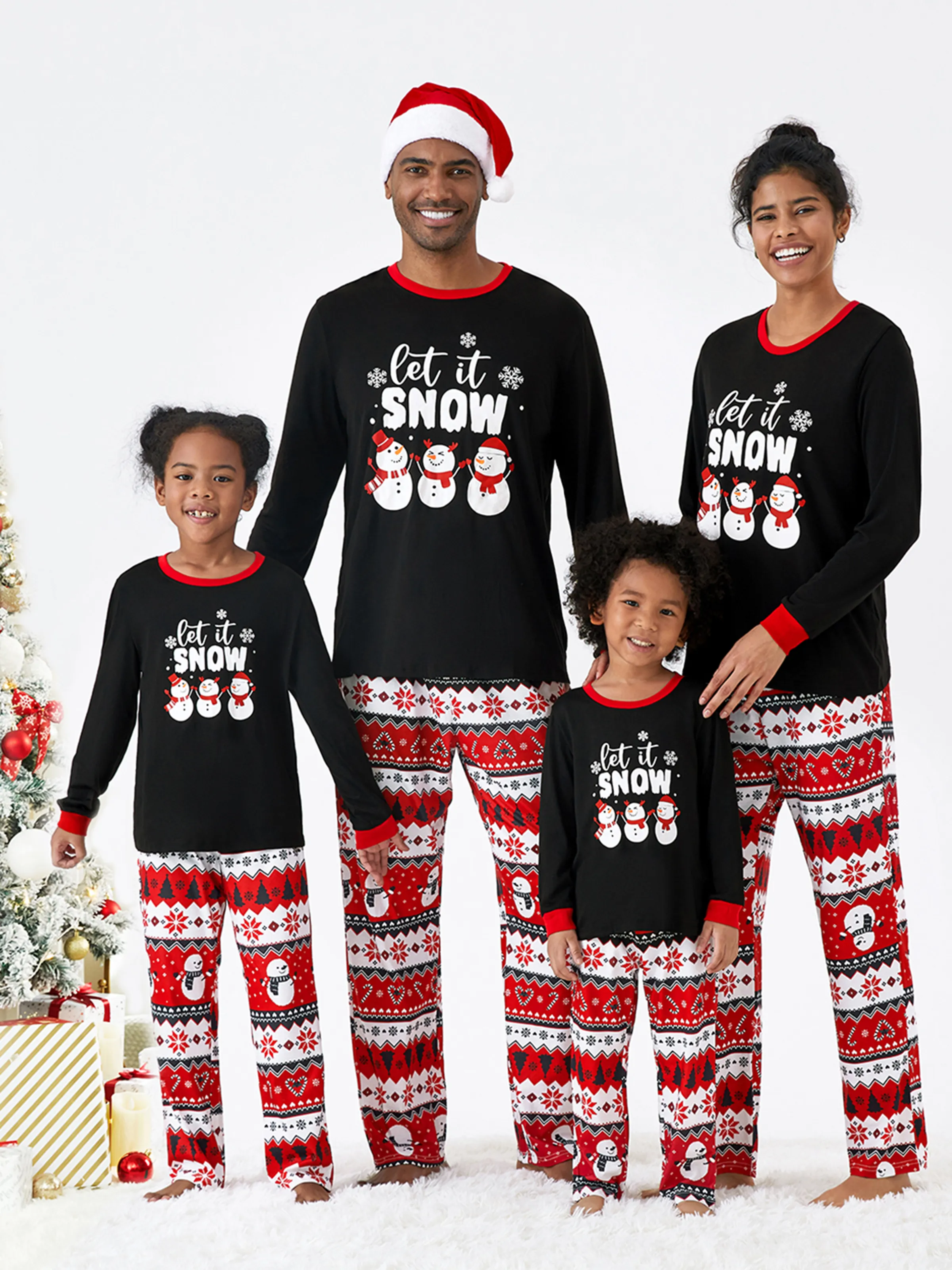 Christmas Family Pajamas Set Snowman Print Long-sleeve PJS with Christmas Socks Black - XNAUWBI