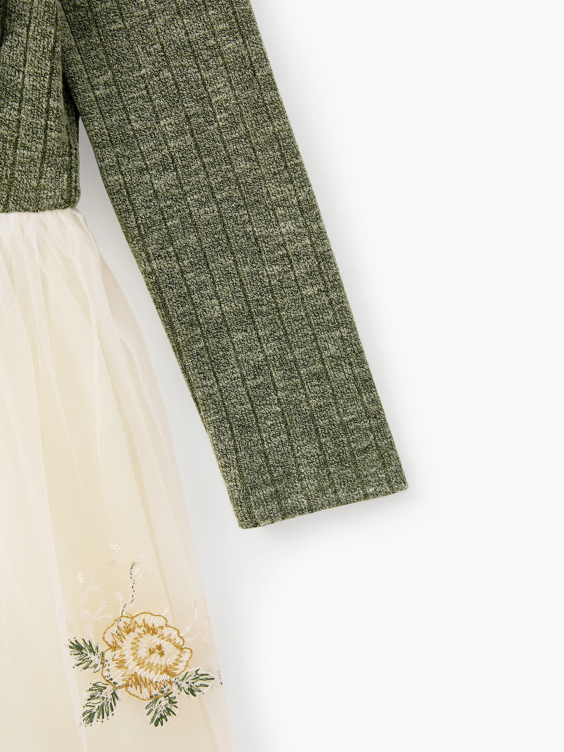 Family Matching Sets Green Long Sleeves Shirt or Ribbed Off-Shoulder Embroidered Tulle Dress Green - XNAUWBI