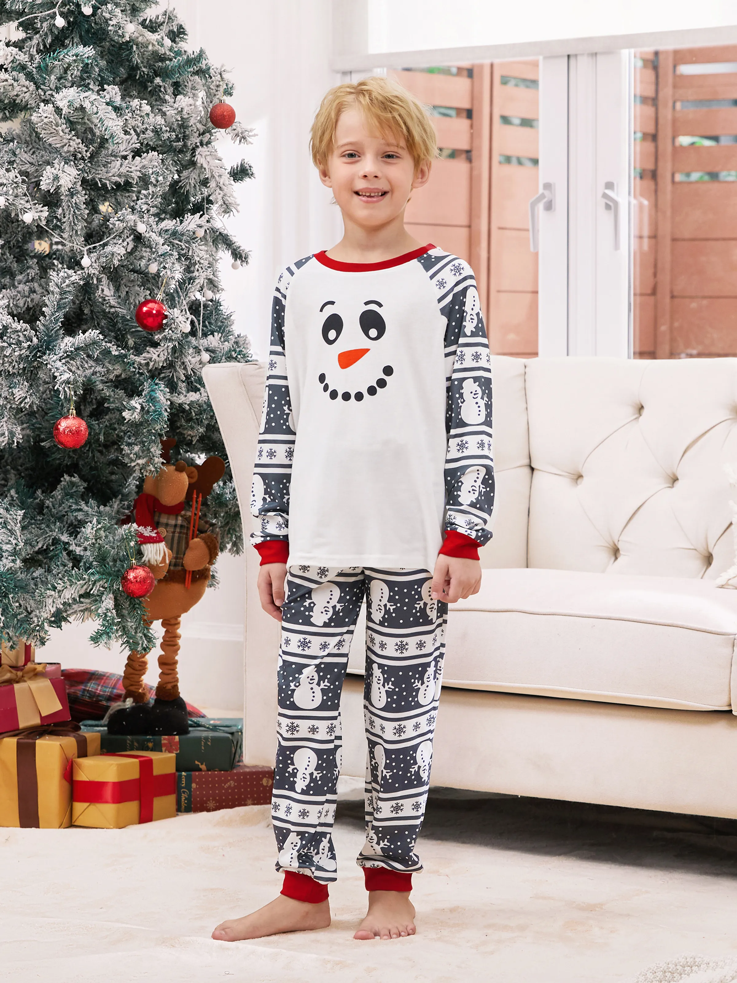 Matching Christmas Pajamas Family Snowman Pattern Long Sleeves PJs Sets Christmas Socks Dark Grey - XNAUWBI