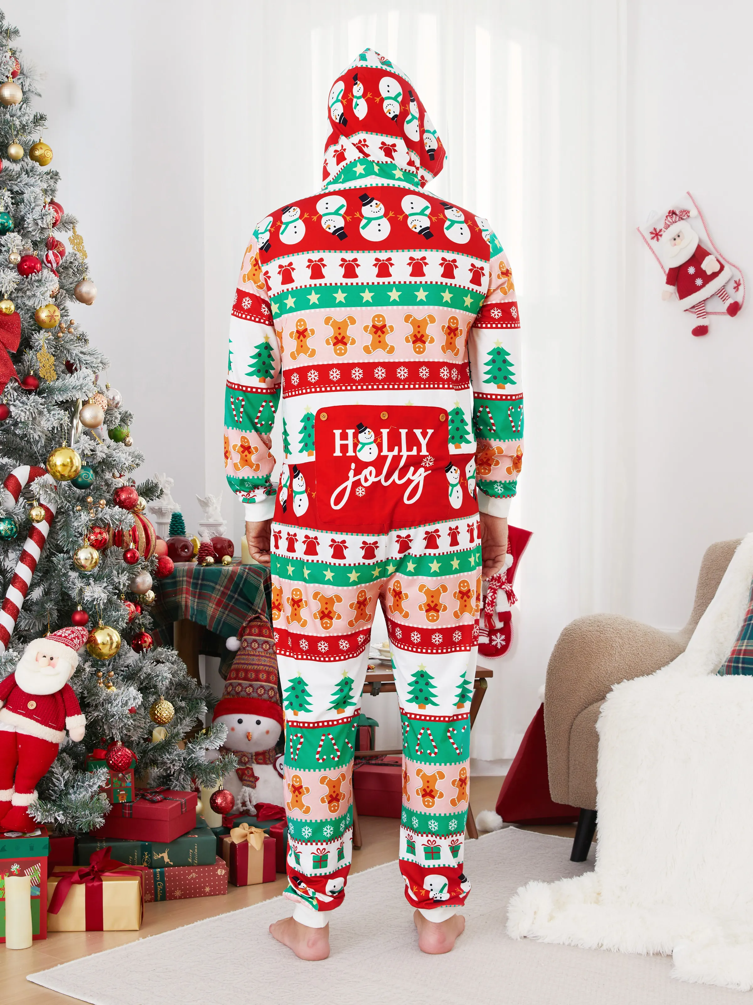 Onesies Pajamas Matching Christmas Outfits Allover Pattern Zipper Front Holly Jolly Print with Christmas Socks Back MultiColour - XNAUWBI