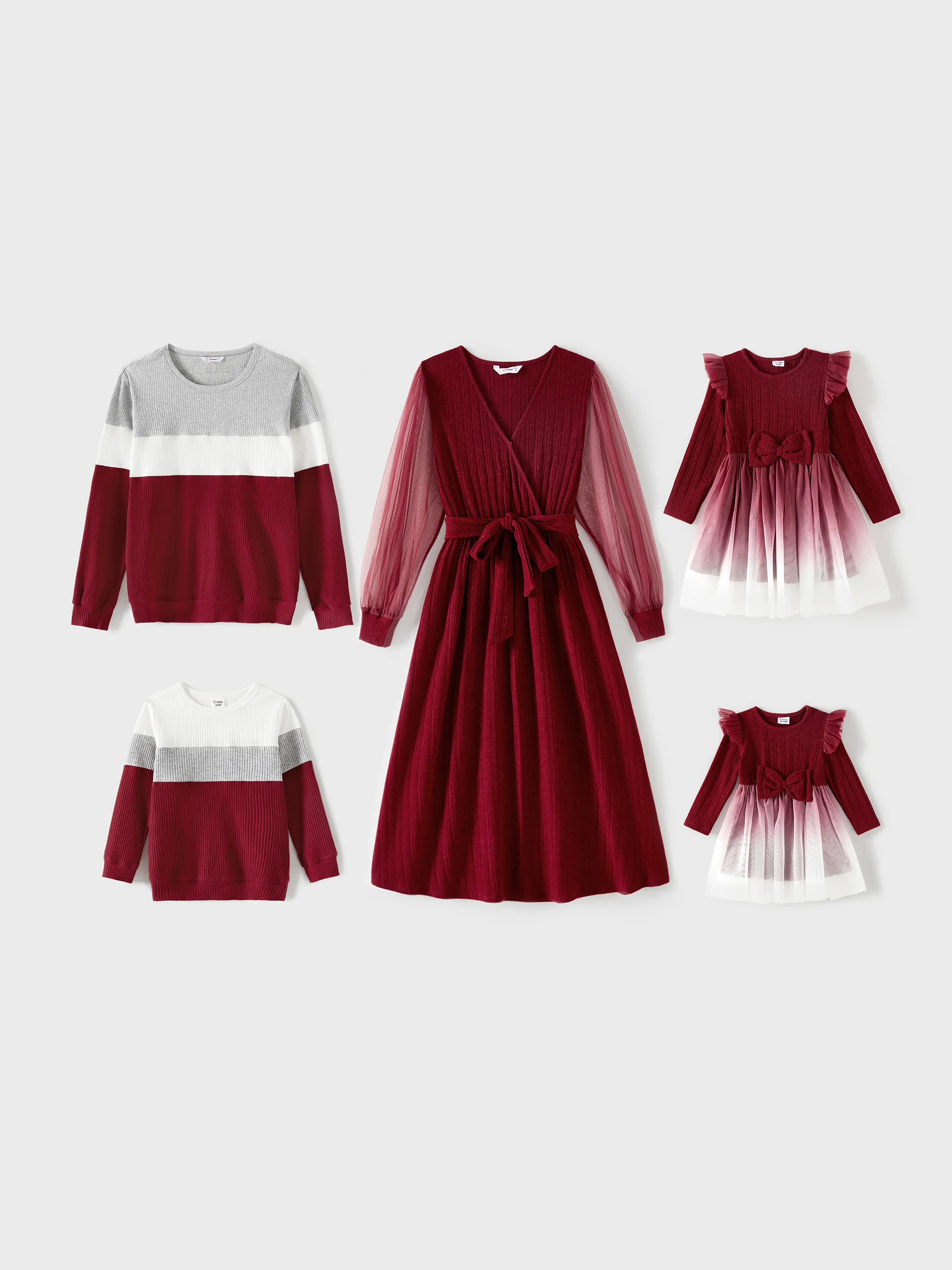 Family Matching Color-block Tops and Flutter Mesh Dresses Sets Burgundy - XNAUWBI