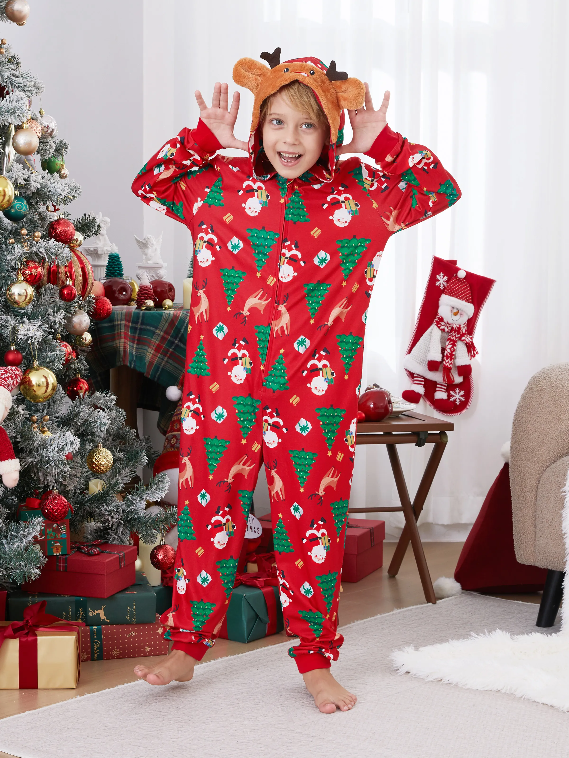 Christmas Family Pajamas Sets 3D Reindeer Hooded Allover Print Onesies with Christmas Socks Red-2 - XNAUWBI