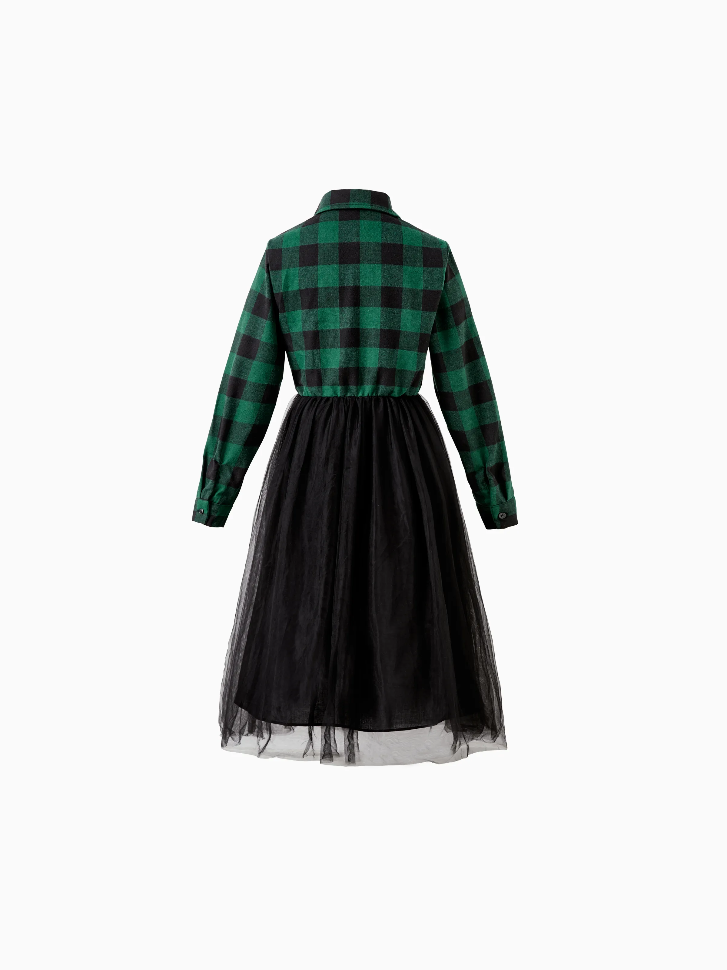 Family Matching Sets Green Plaid Long Sleeves Shirt or Tulle Mesh Dress DarkGreen - XNAUWBI