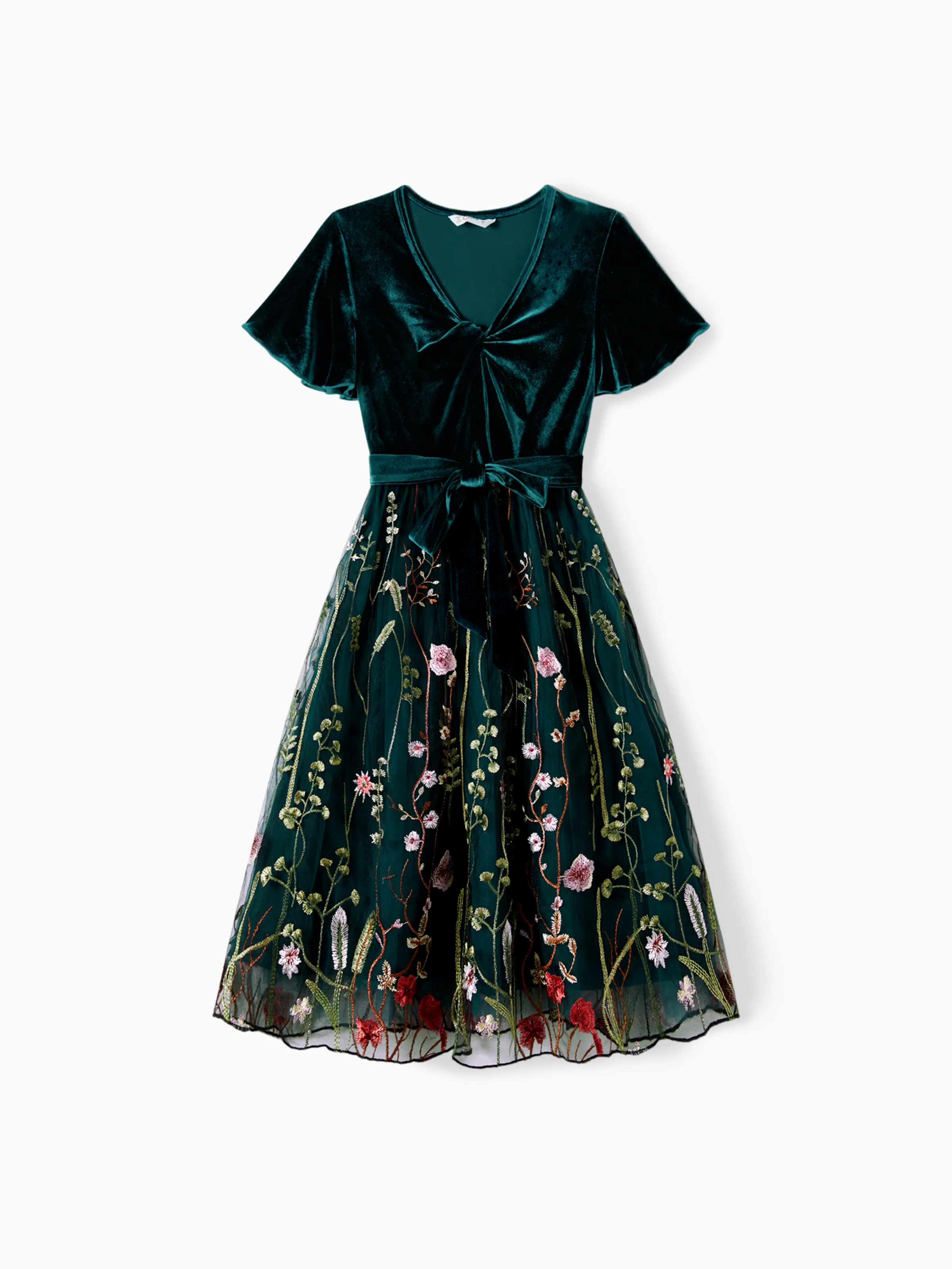 Mommy and Me Casual Dresses - Big Flower Print, Medium Thickness, Short Sleeve, Opaque, Regular Fit Dark Green - XNAUWBI