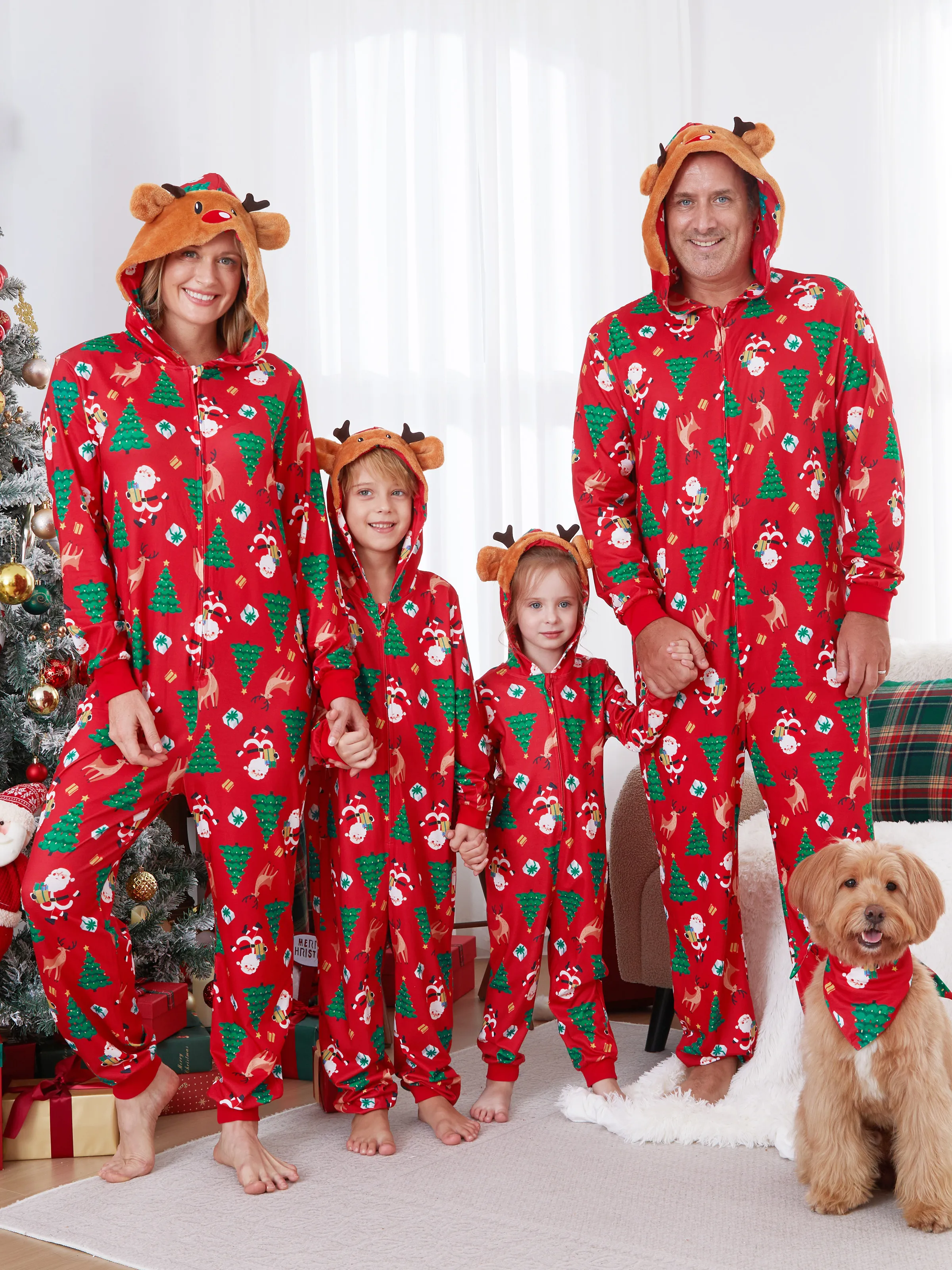 Christmas Family Pajamas Sets 3D Reindeer Hooded Allover Print Onesies with Christmas Socks Red-2 - XNAUWBI