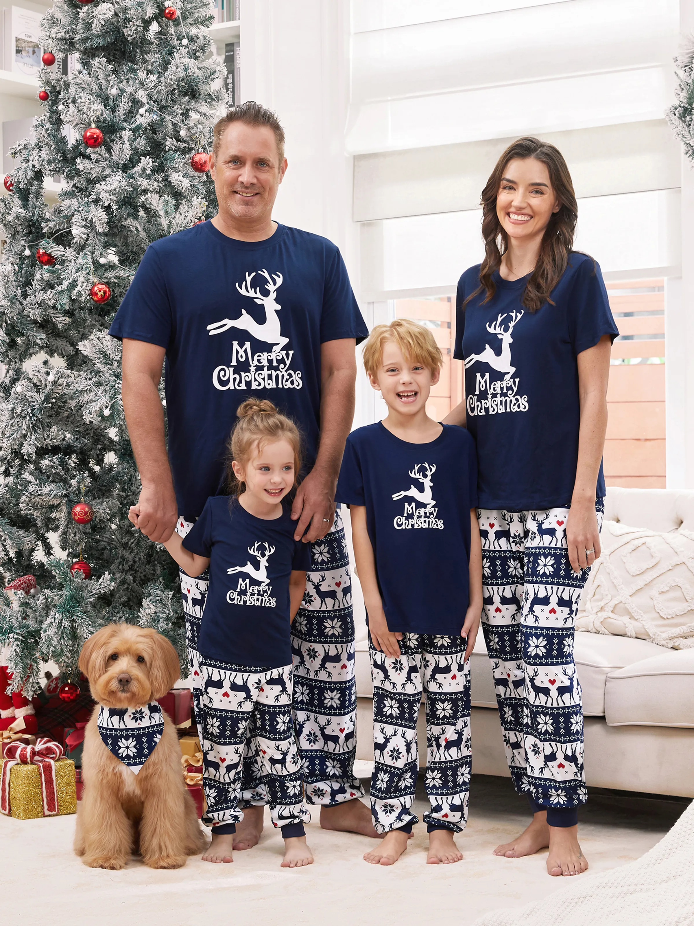 Christmas Reindeer Print Glow in the Dark Family Matching Pajamas Sets with Christmas Socks Deep Blue - XNAUWBI