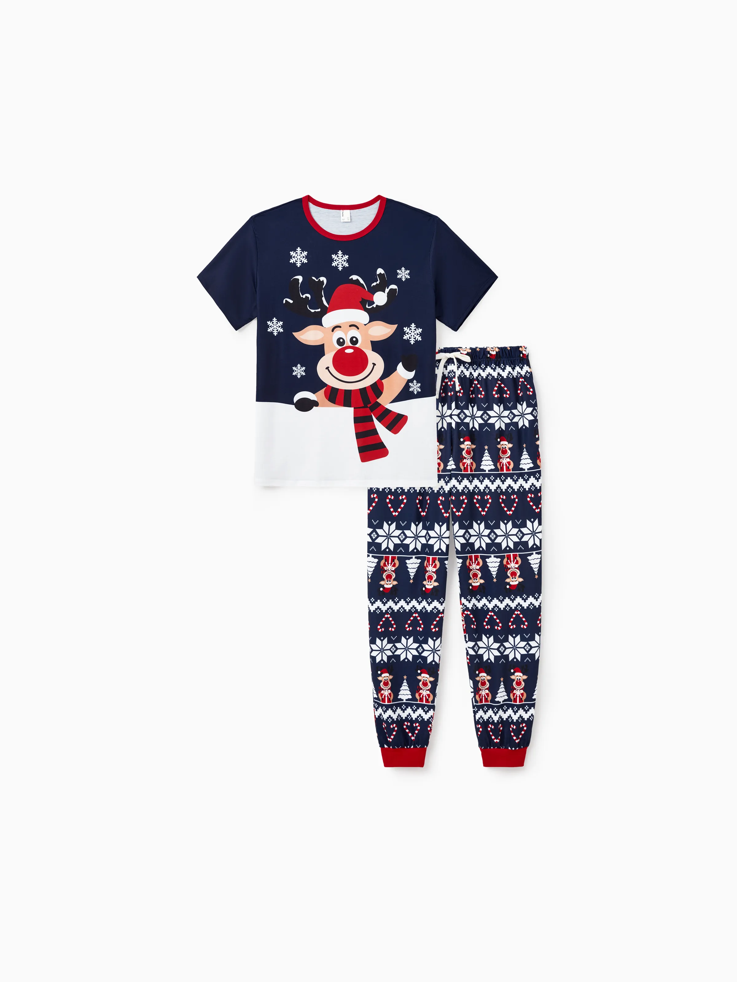 Christmas Matching Family Pajamas Set Reindeer and Snowflake Print PJS Deep Blue - XNAUWBI