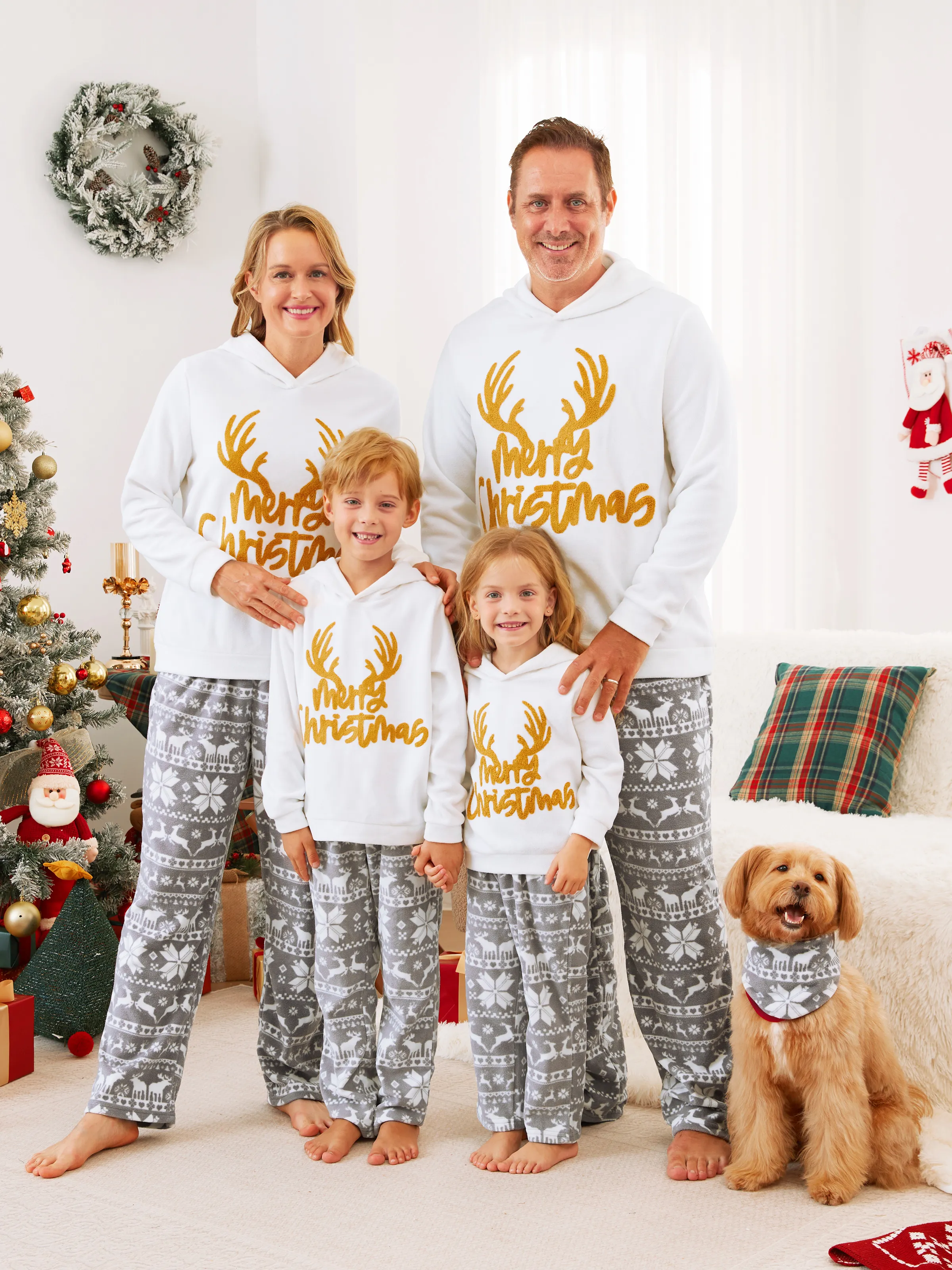 Christmas Family Matching Letters Embroidered Long-sleeve Hooded Fleece Pajamas Sets with Christmas Socks White - XNAUWBI