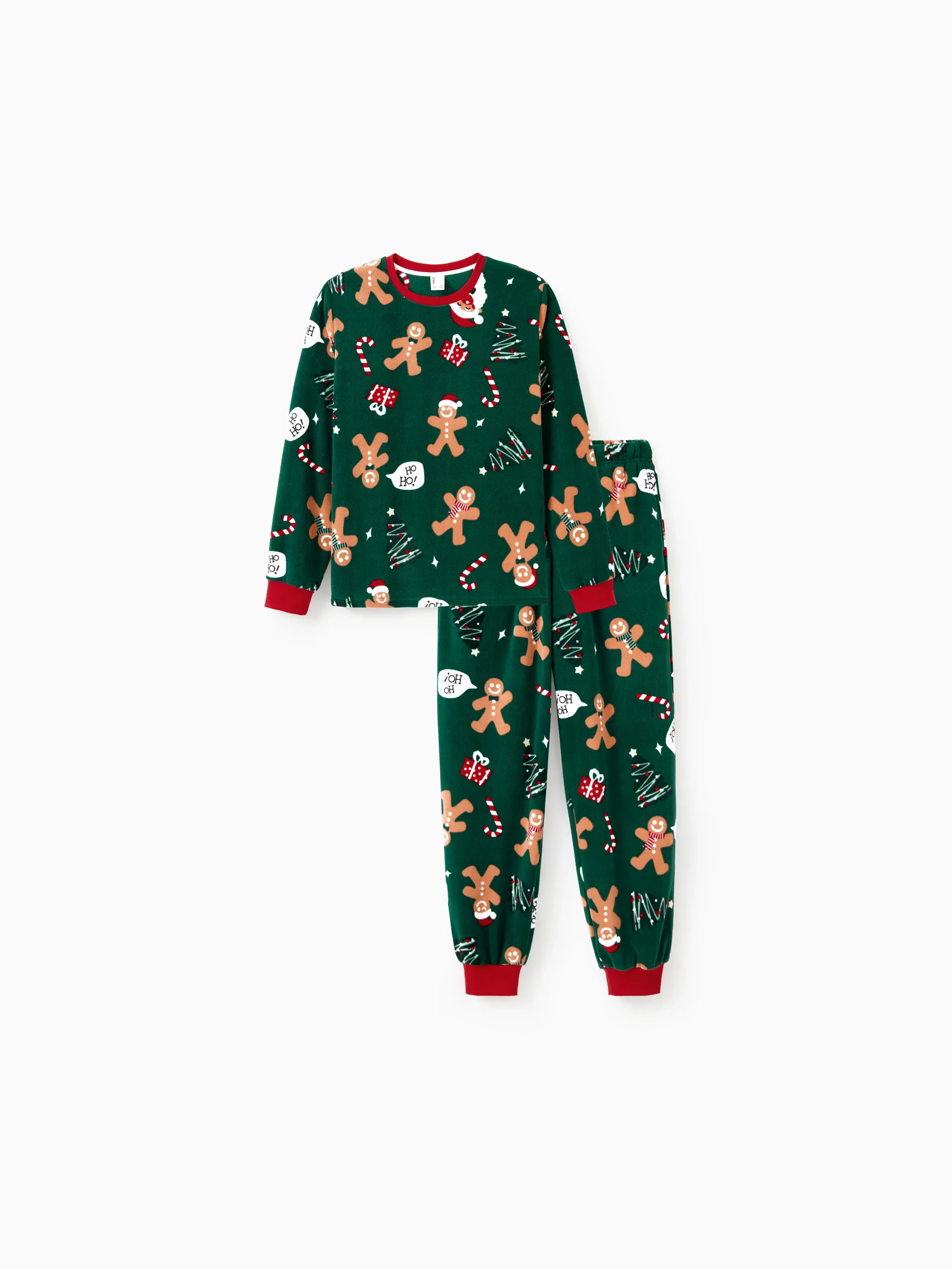 Christmas Pajamas Family Matching Fleece Gingerbread Man Long Sleeves Pajamas Sets with Christmas Socks Dark Green - XNAUWBI