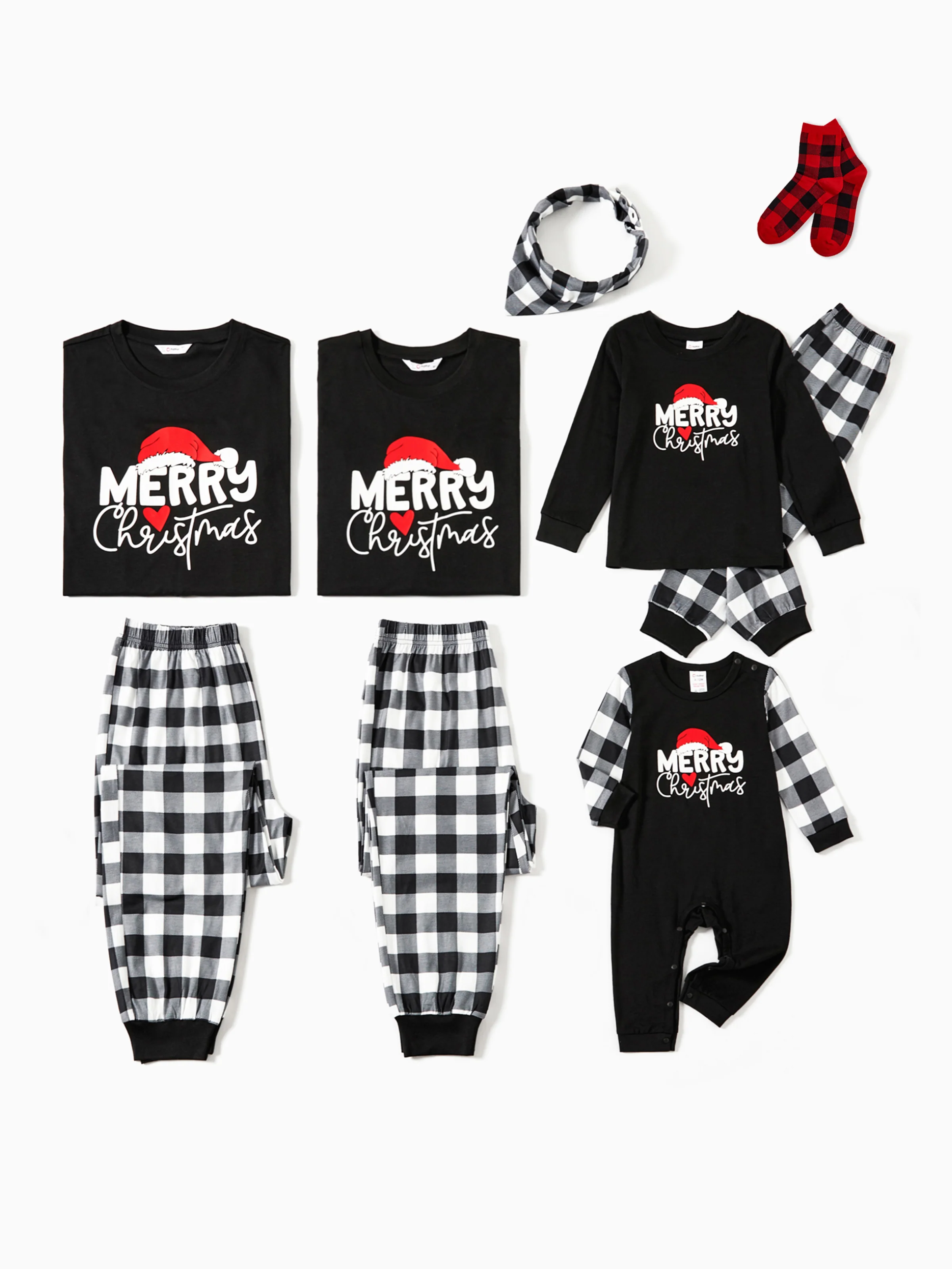 Christmas Family Matching Glow In The Dark Letters Print Long-sleeve Pajamas Sets with Christmas Socks Black+White - XNAUWBI