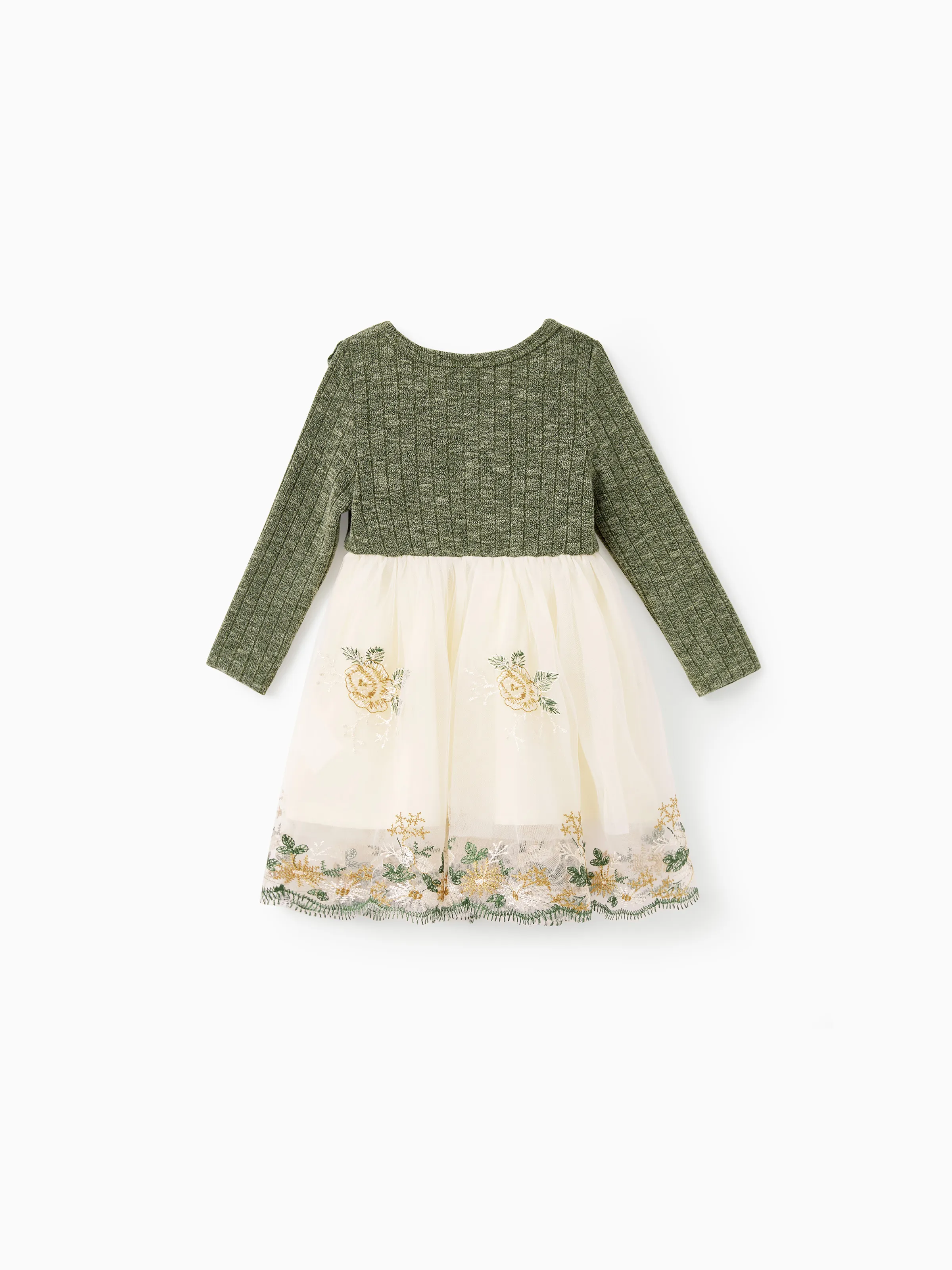Family Matching Sets Green Long Sleeves Shirt or Ribbed Off-Shoulder Embroidered Tulle Dress Green - XNAUWBI