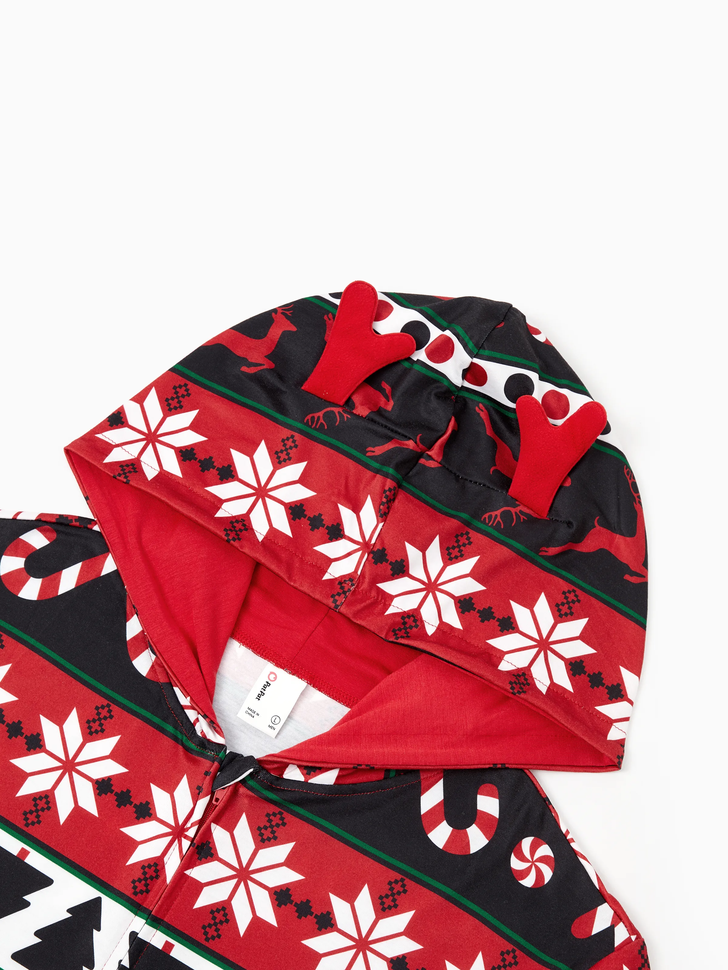 Christmas Pajamas 3D Reindeer Pattern Zipper Hooded Onesies Matching Family Outfits red/black - XNAUWBI