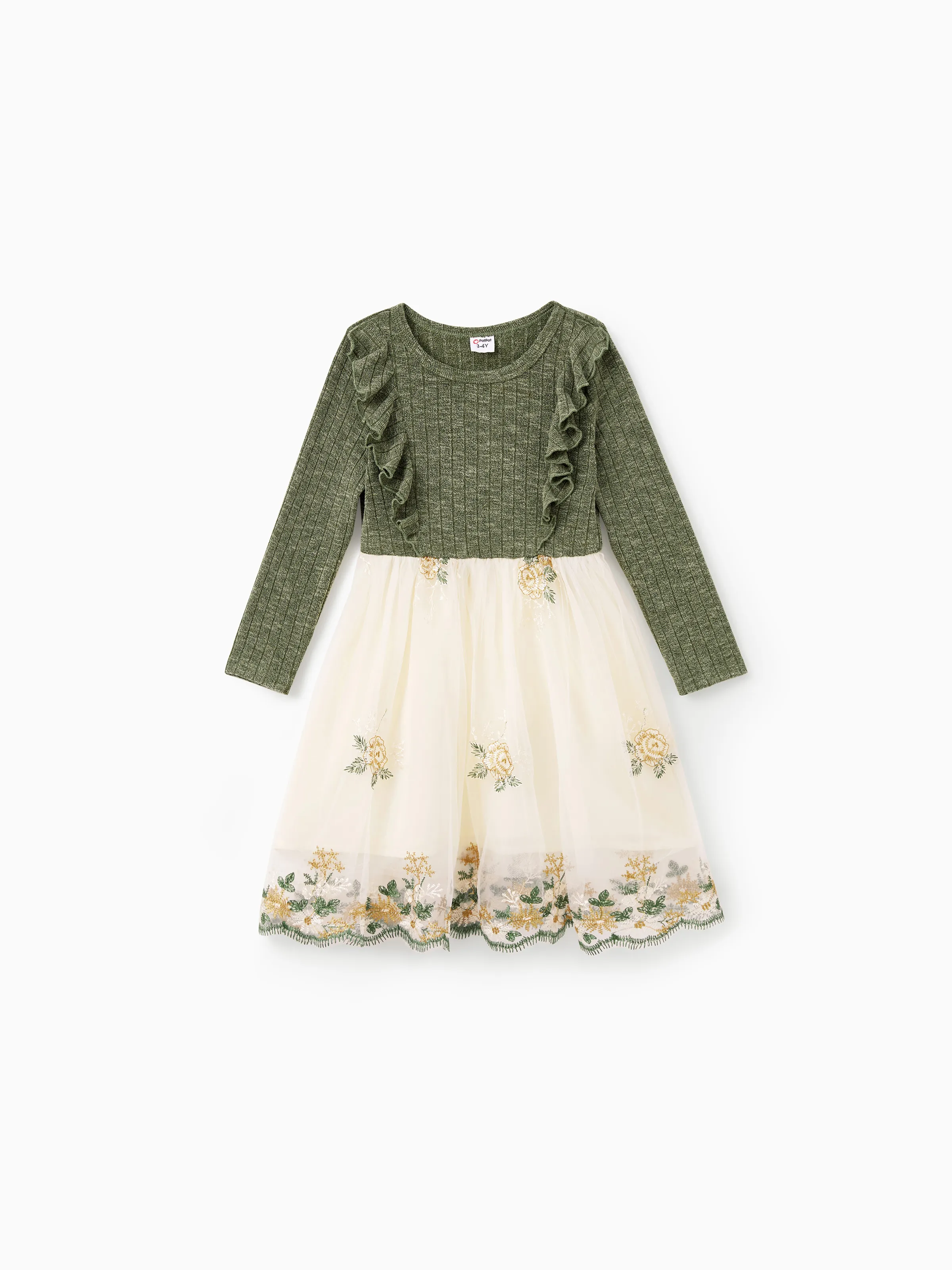 Family Matching Sets Green Long Sleeves Shirt or Ribbed Off-Shoulder Embroidered Tulle Dress Green - XNAUWBI