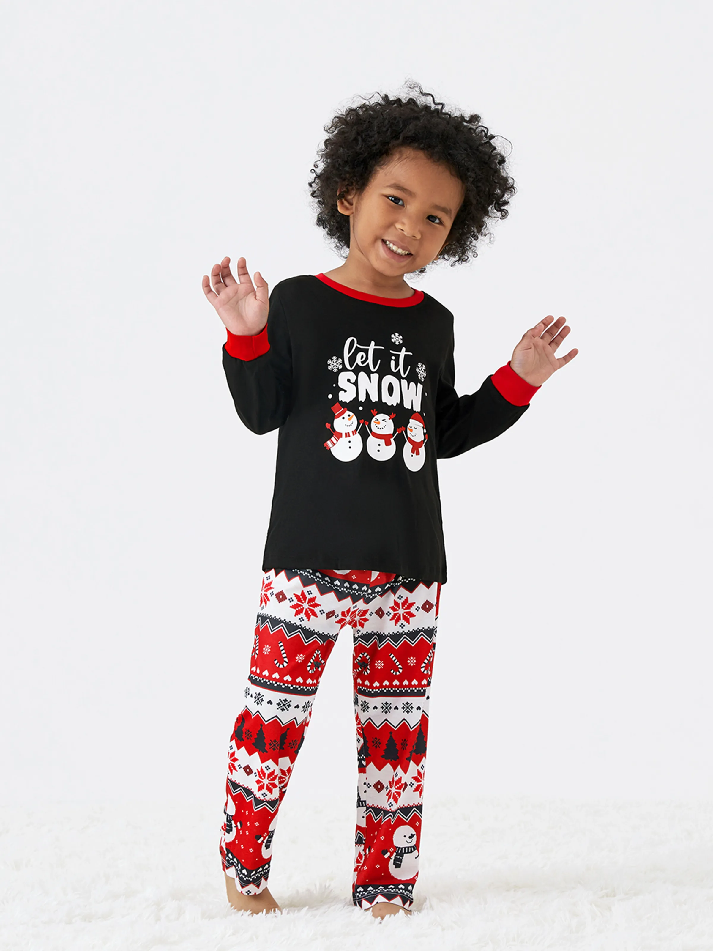Christmas Family Pajamas Set Snowman Print Long-sleeve PJS with Christmas Socks Black - XNAUWBI