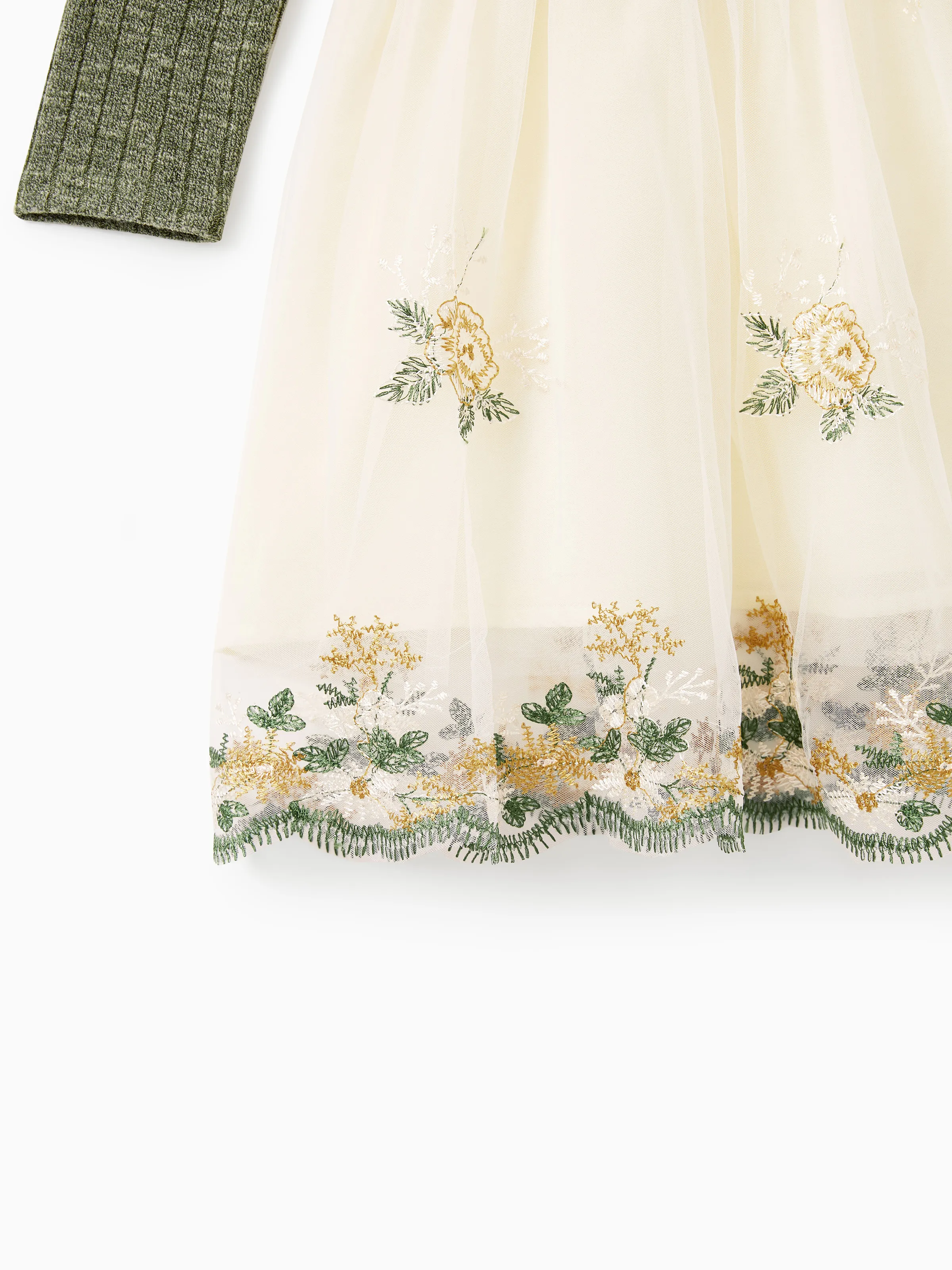 Family Matching Sets Green Long Sleeves Shirt or Ribbed Off-Shoulder Embroidered Tulle Dress Green - XNAUWBI