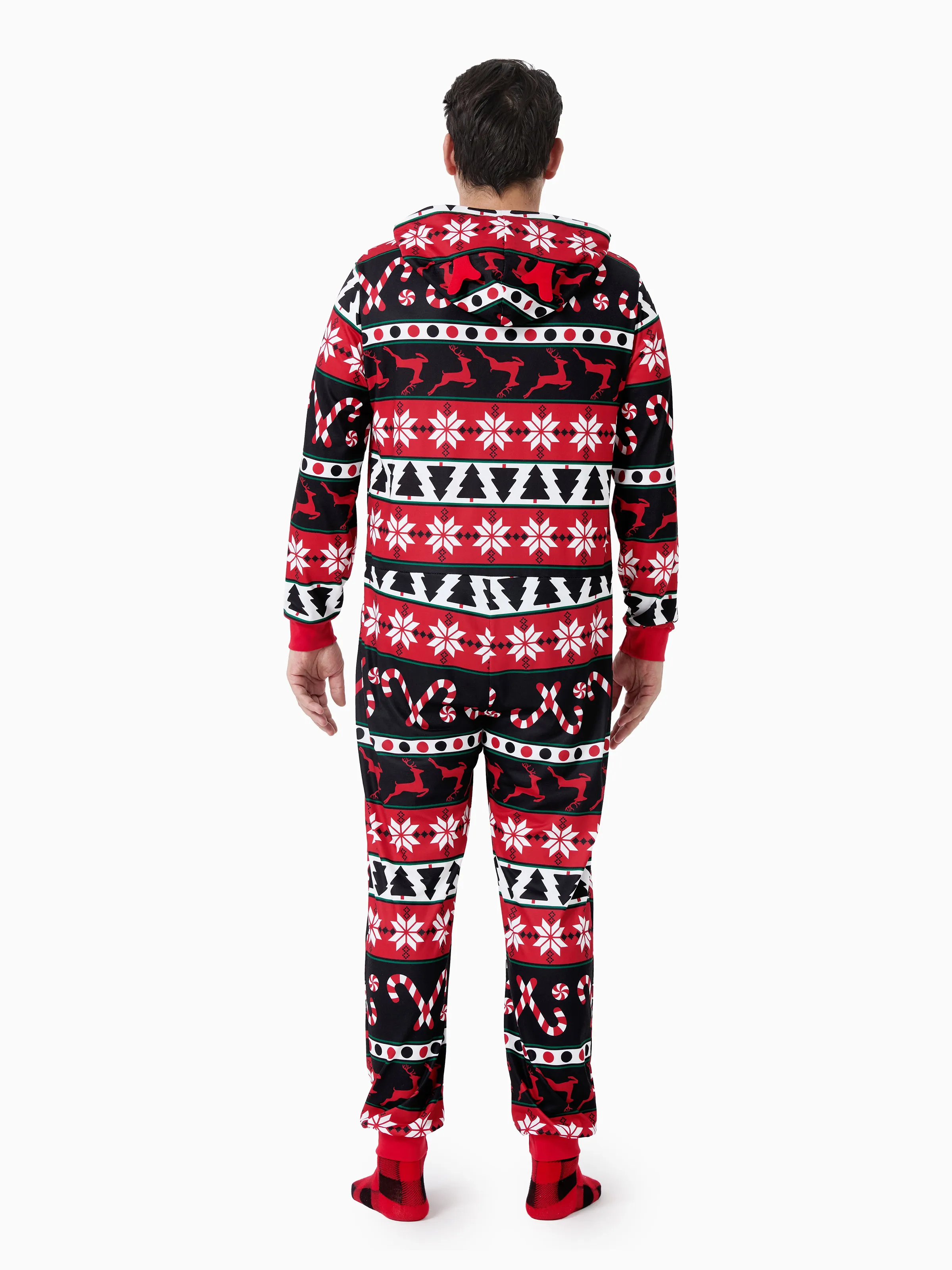 Christmas Pajamas 3D Reindeer Pattern Zipper Hooded Onesies Matching Family Outfits red/black - XNAUWBI