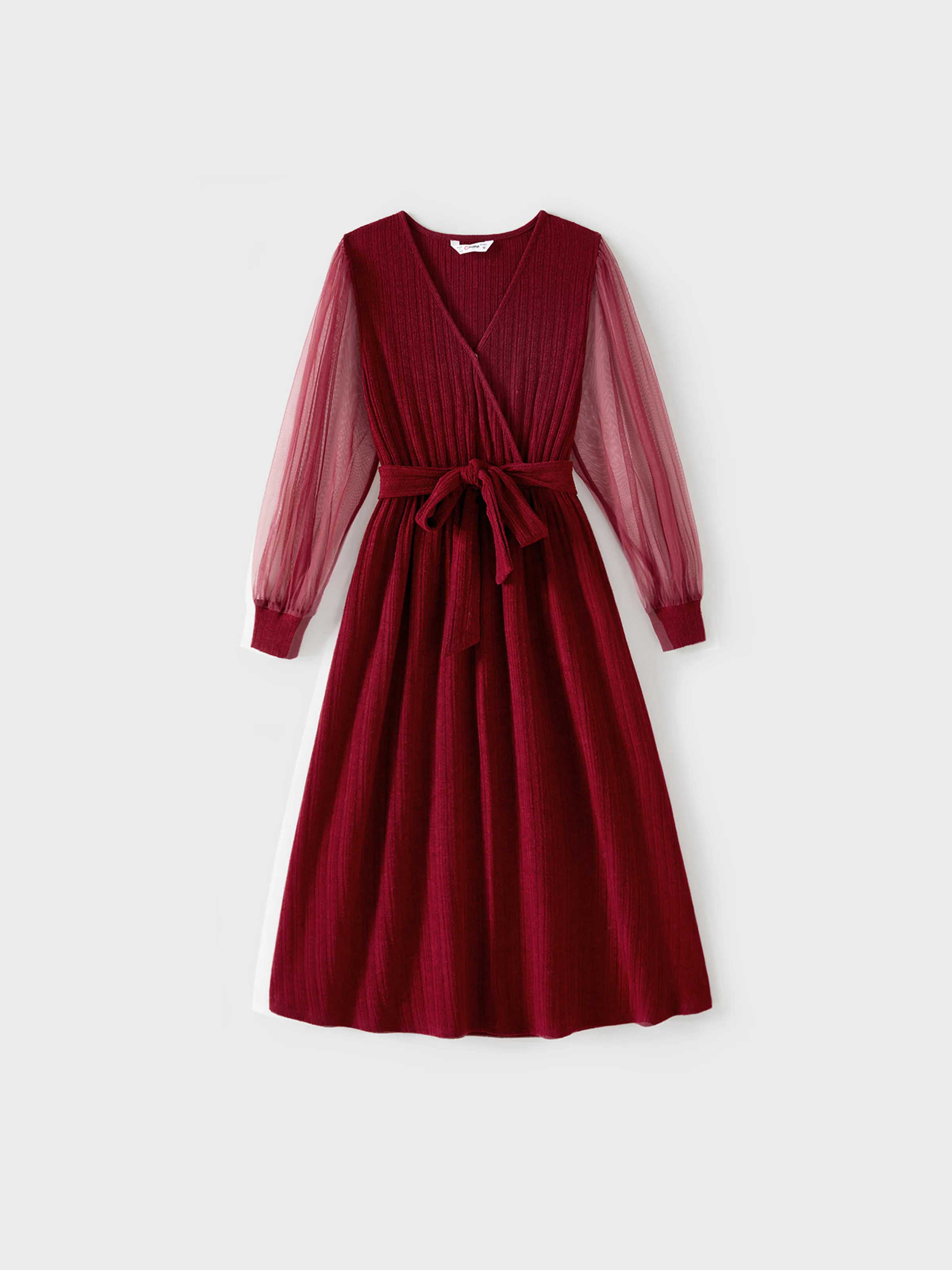 Family Matching Color-block Tops and Flutter Mesh Dresses Sets Burgundy - XNAUWBI