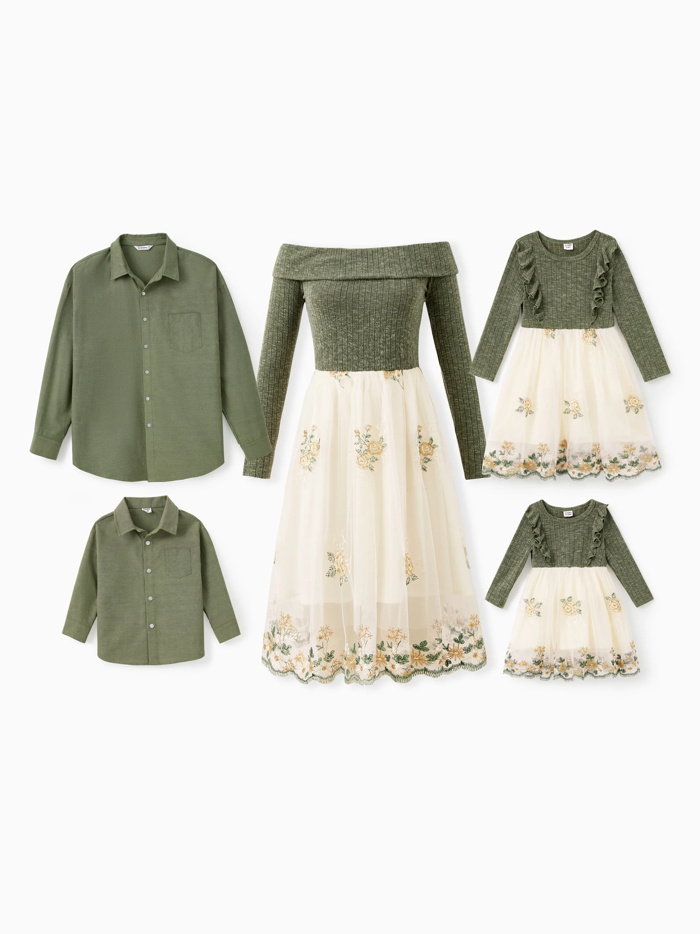 Family Matching Sets Green Long Sleeves Shirt or Ribbed Off-Shoulder Embroidered Tulle Dress Green - XNAUWBI