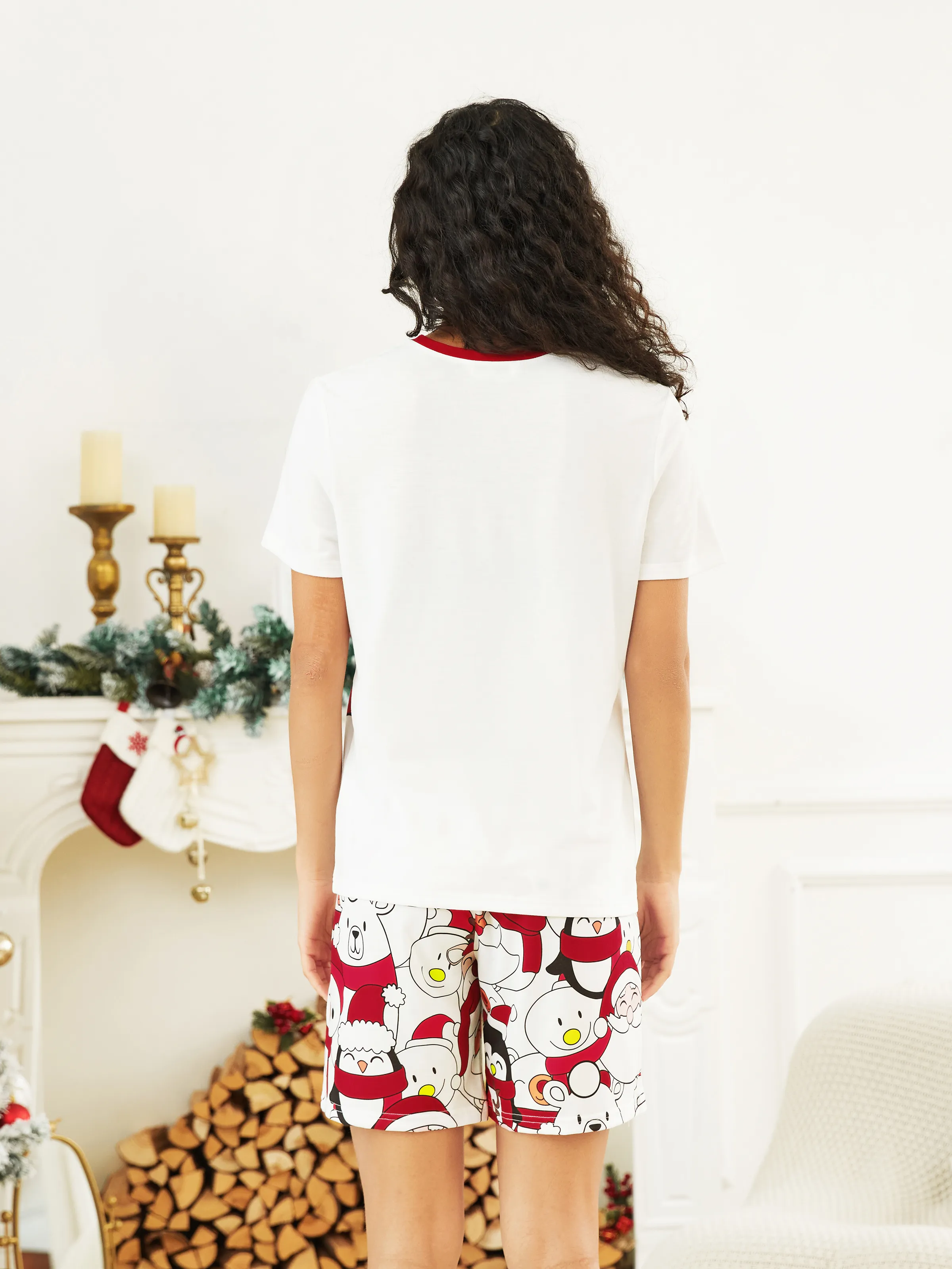 Christmas Santa and Snowman Print Family Matching Short-sleeve Tops and Shorts Pajamas Sets White - XNAUWBI