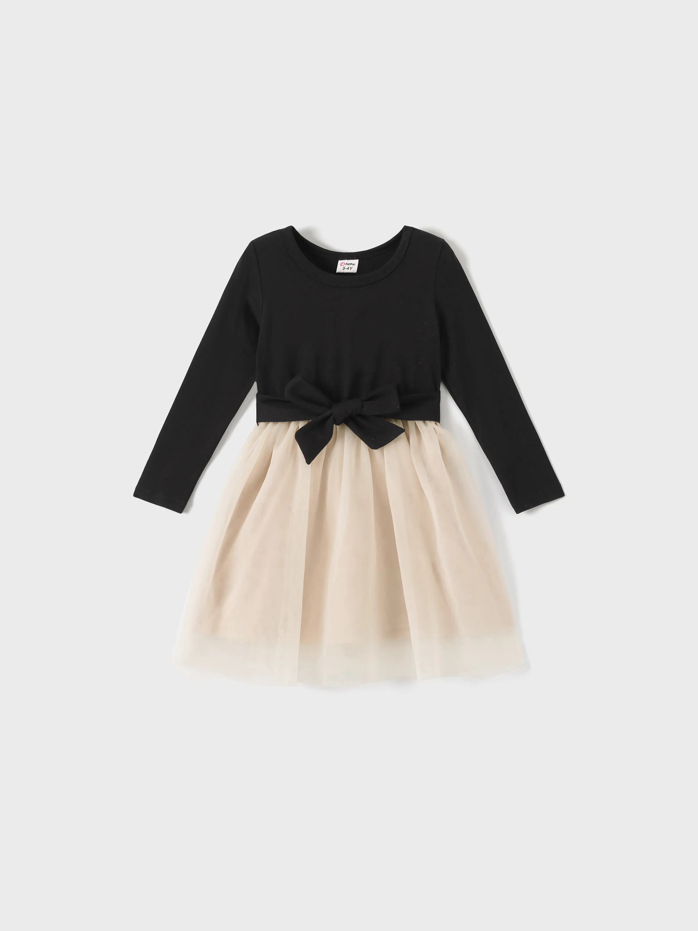 Family Matching Black-Almond Mesh Skirt and Classic Round Neck Long Sleeve Tops Sets Black - XNAUWBI