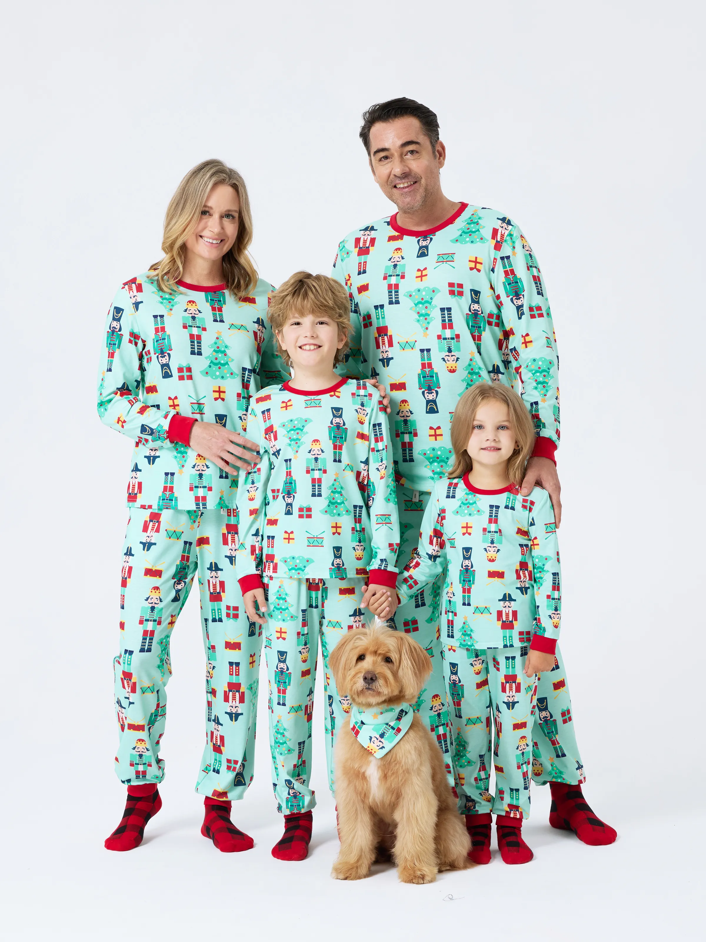 Christmas Matching Family Pajamas Set Soldier and Christmas Tree Print PJS with Christmas Socks Pale Green - XNAUWBI