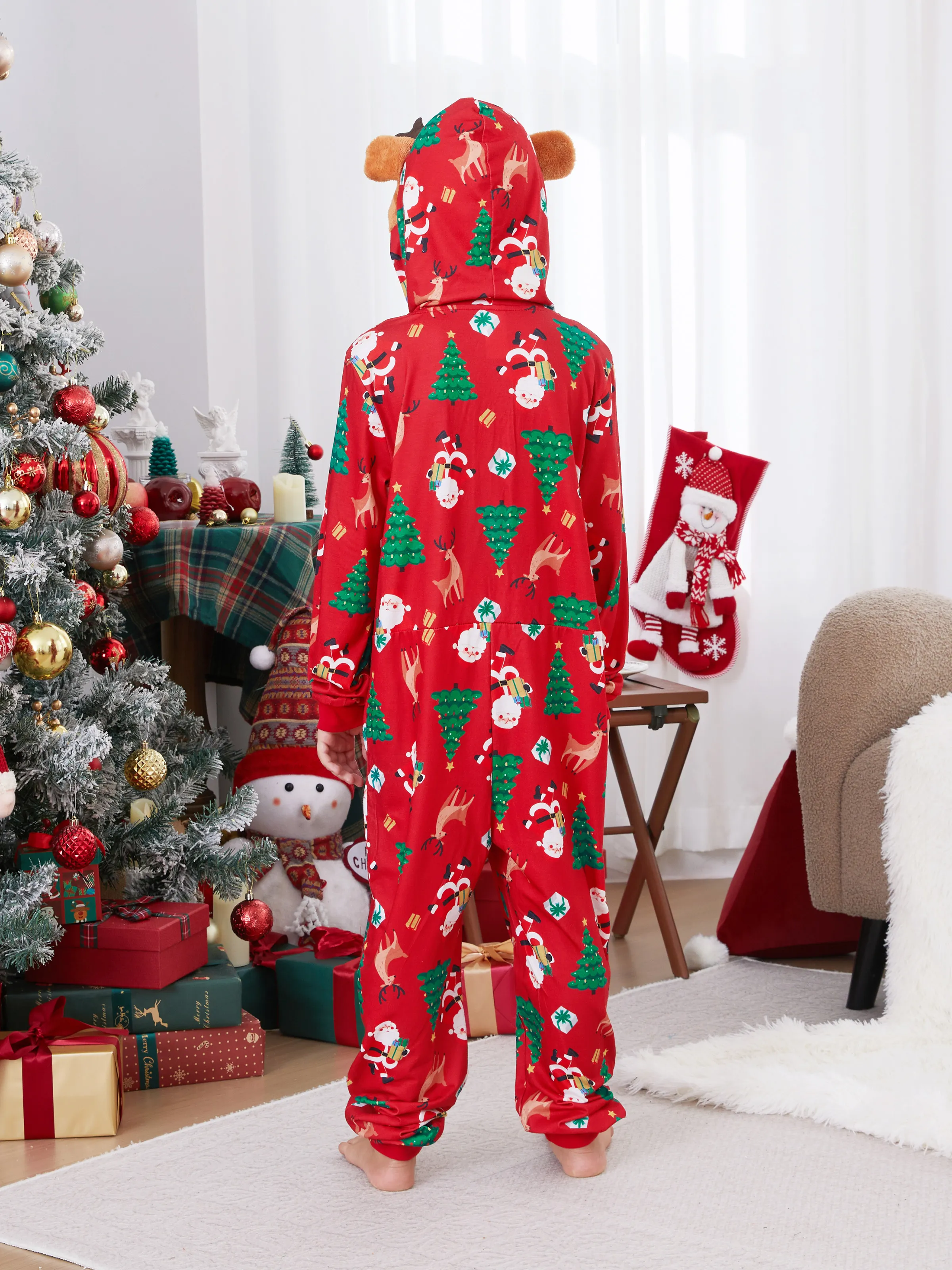 Christmas Family Pajamas Sets 3D Reindeer Hooded Allover Print Onesies with Christmas Socks Red-2 - XNAUWBI