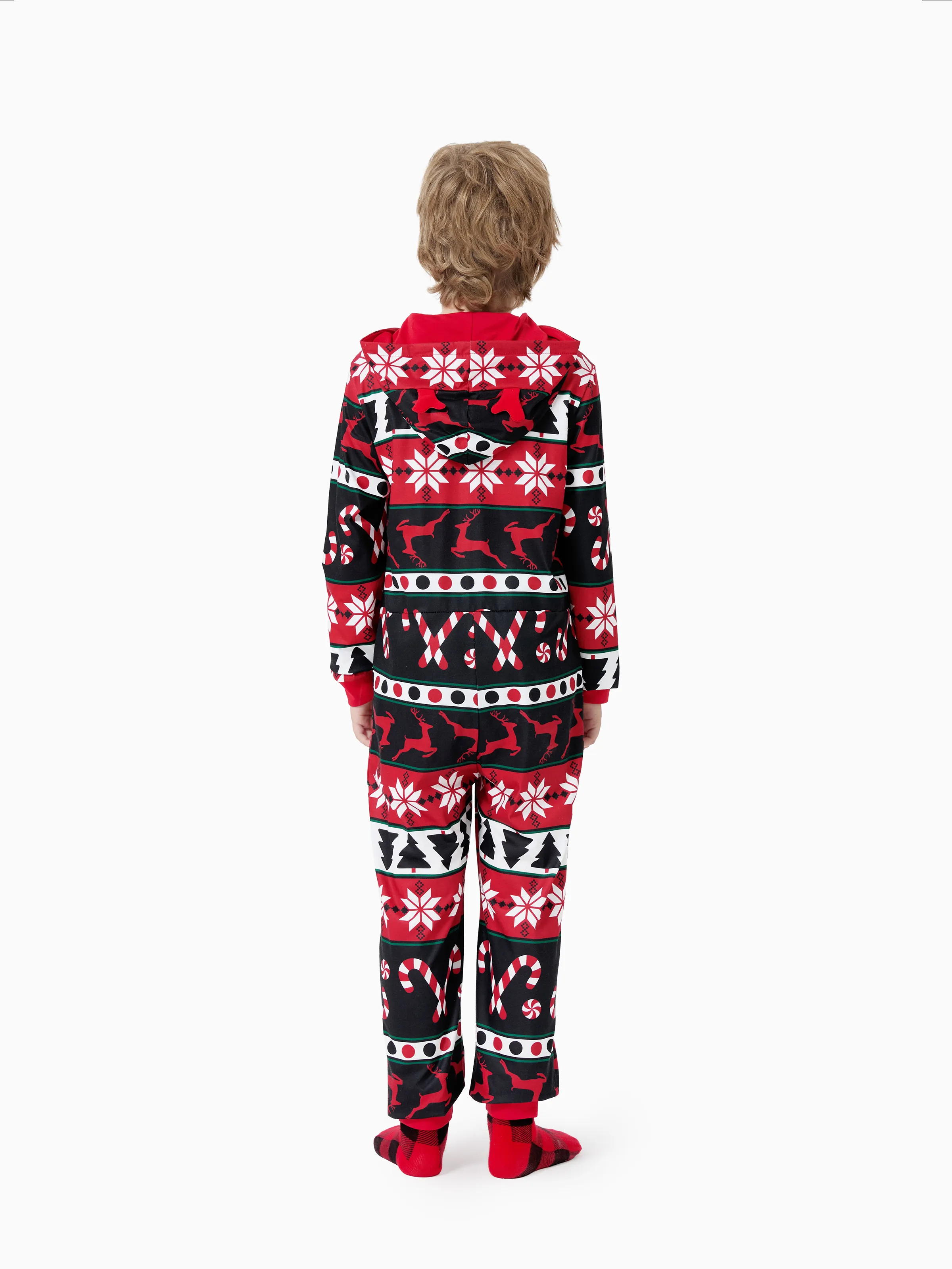 Christmas Pajamas 3D Reindeer Pattern Zipper Hooded Onesies Matching Family Outfits red/black - XNAUWBI