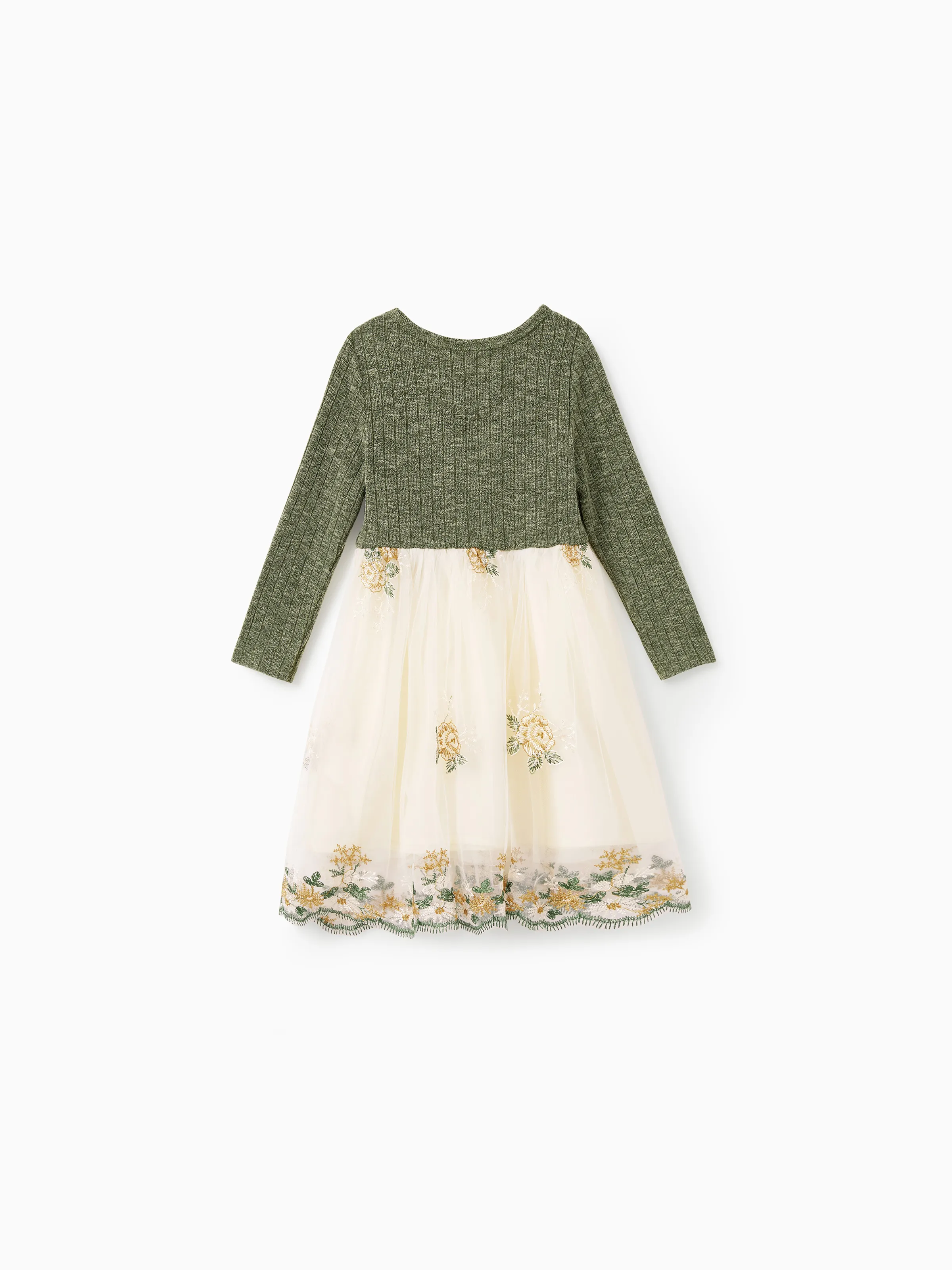Family Matching Sets Green Long Sleeves Shirt or Ribbed Off-Shoulder Embroidered Tulle Dress Green - XNAUWBI