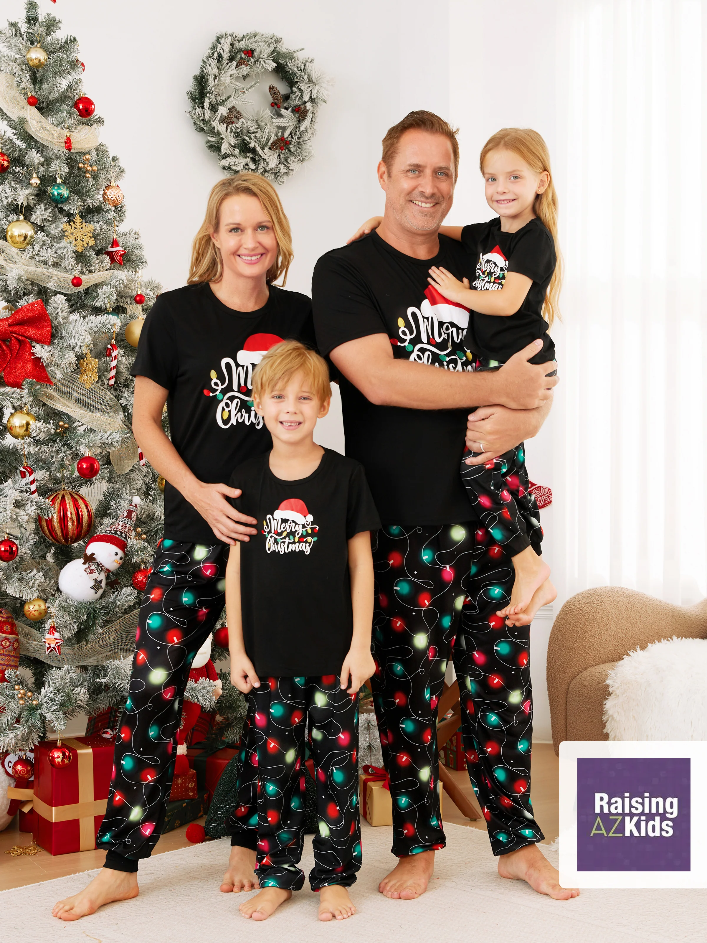 Christmas Family Matching Letters&Festive light bulb Print Short-sleeve Pajamas Sets Black - XNAUWBI
