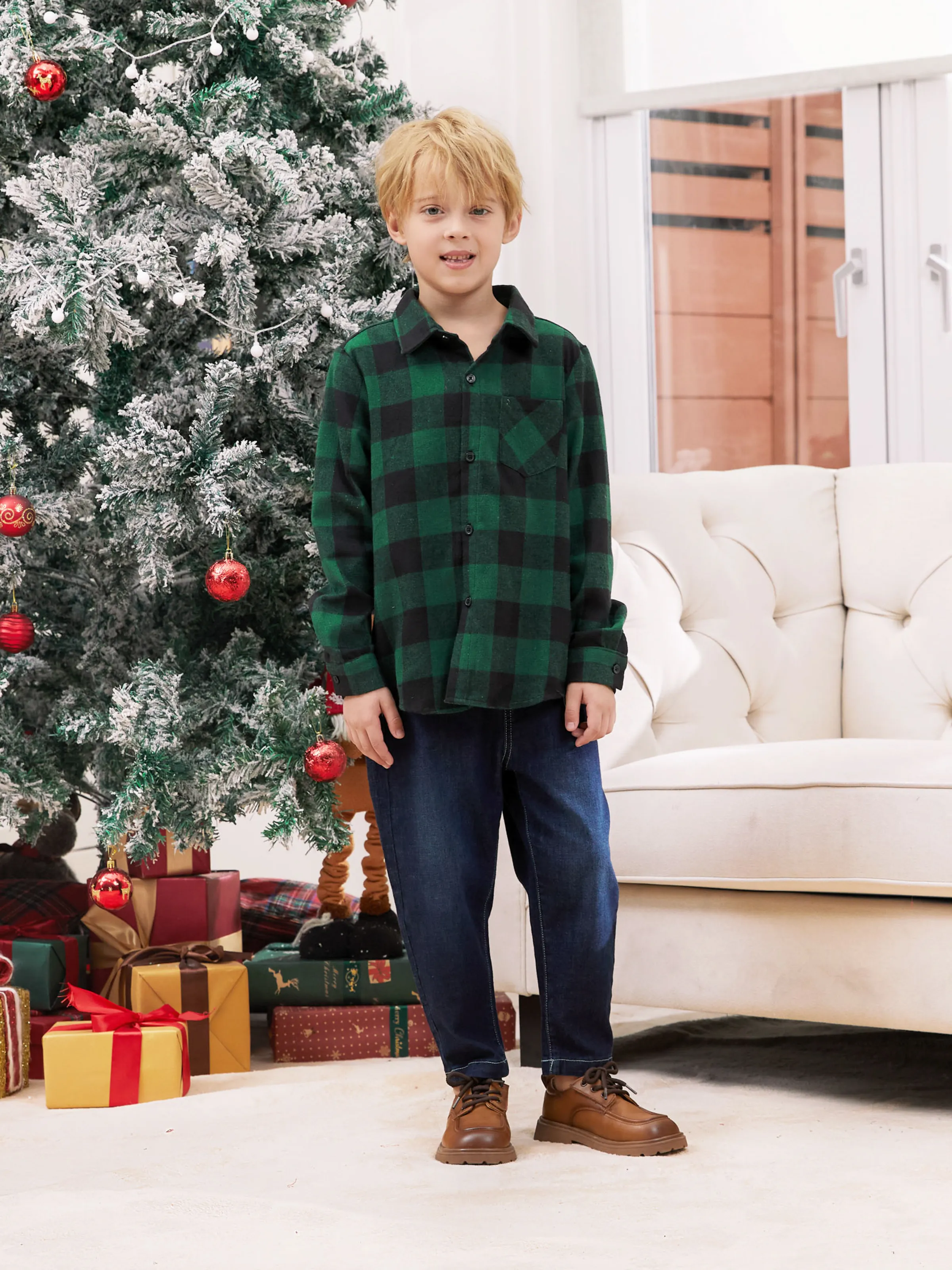 Family Matching Sets Green Plaid Long Sleeves Shirt or Tulle Mesh Dress DarkGreen - XNAUWBI