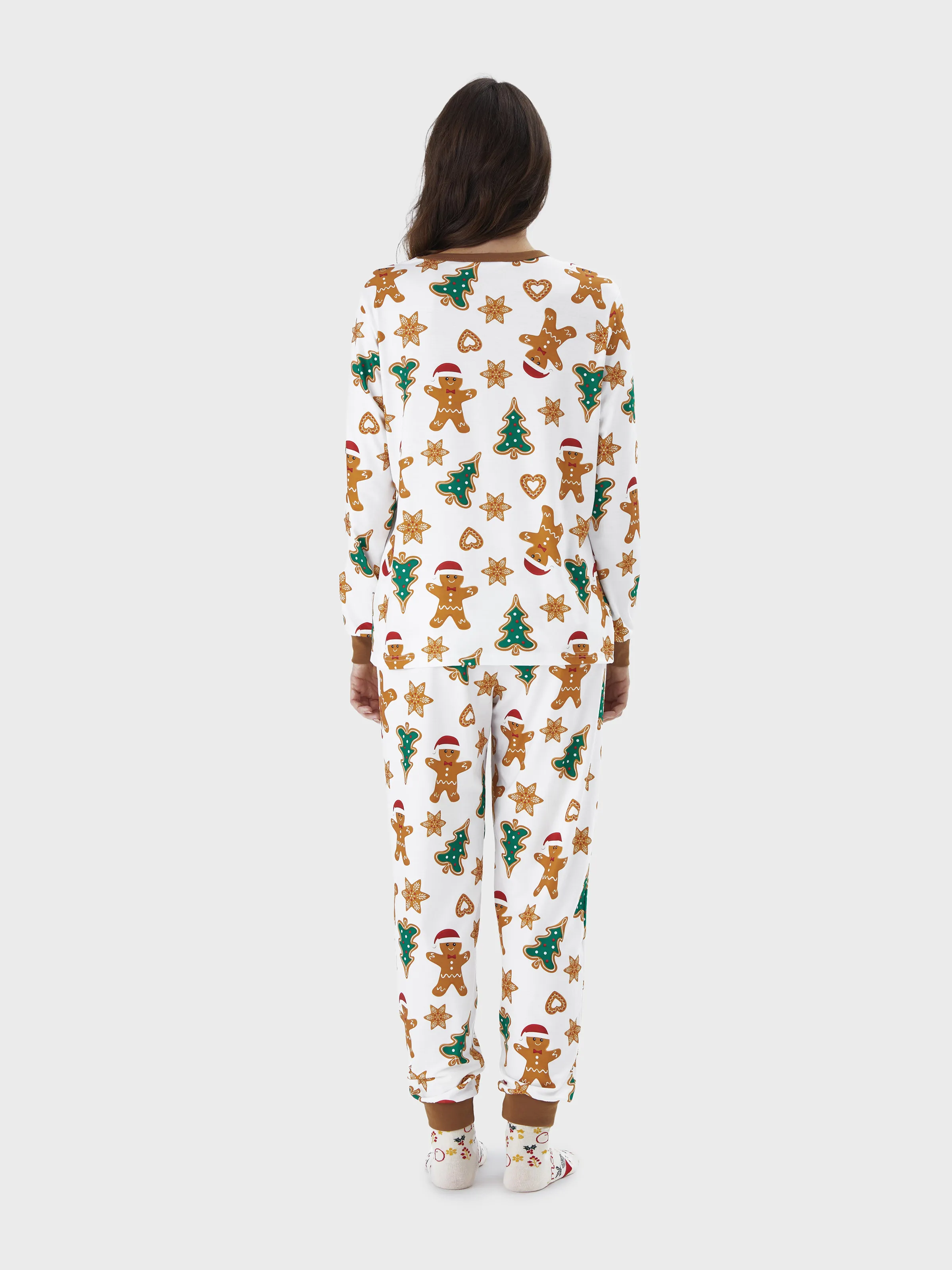 Christmas Family Matching Cartoon Gingerbread Man and Tree All-over Print Long-sleeve Pajamas Sets with Christmas Socks Coffee - XNAUWBI