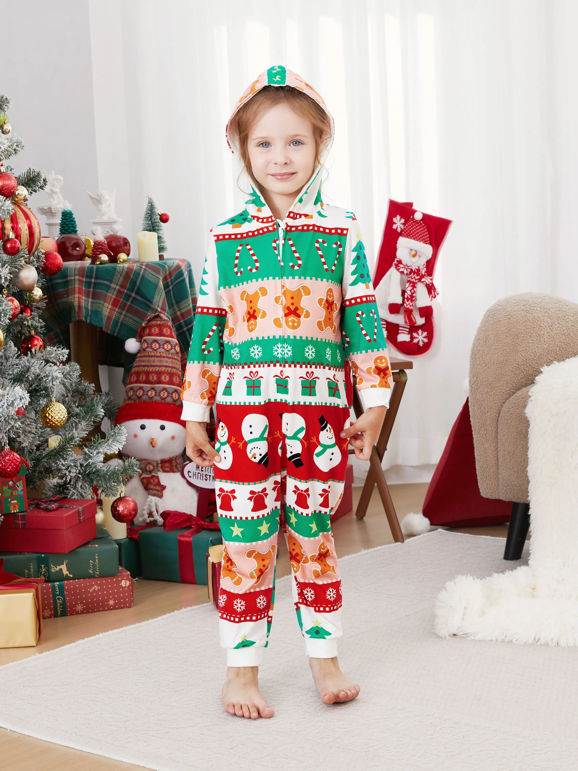 Onesies Pajamas Matching Christmas Outfits Allover Pattern Zipper Front Holly Jolly Print with Christmas Socks Back MultiColour - XNAUWBI