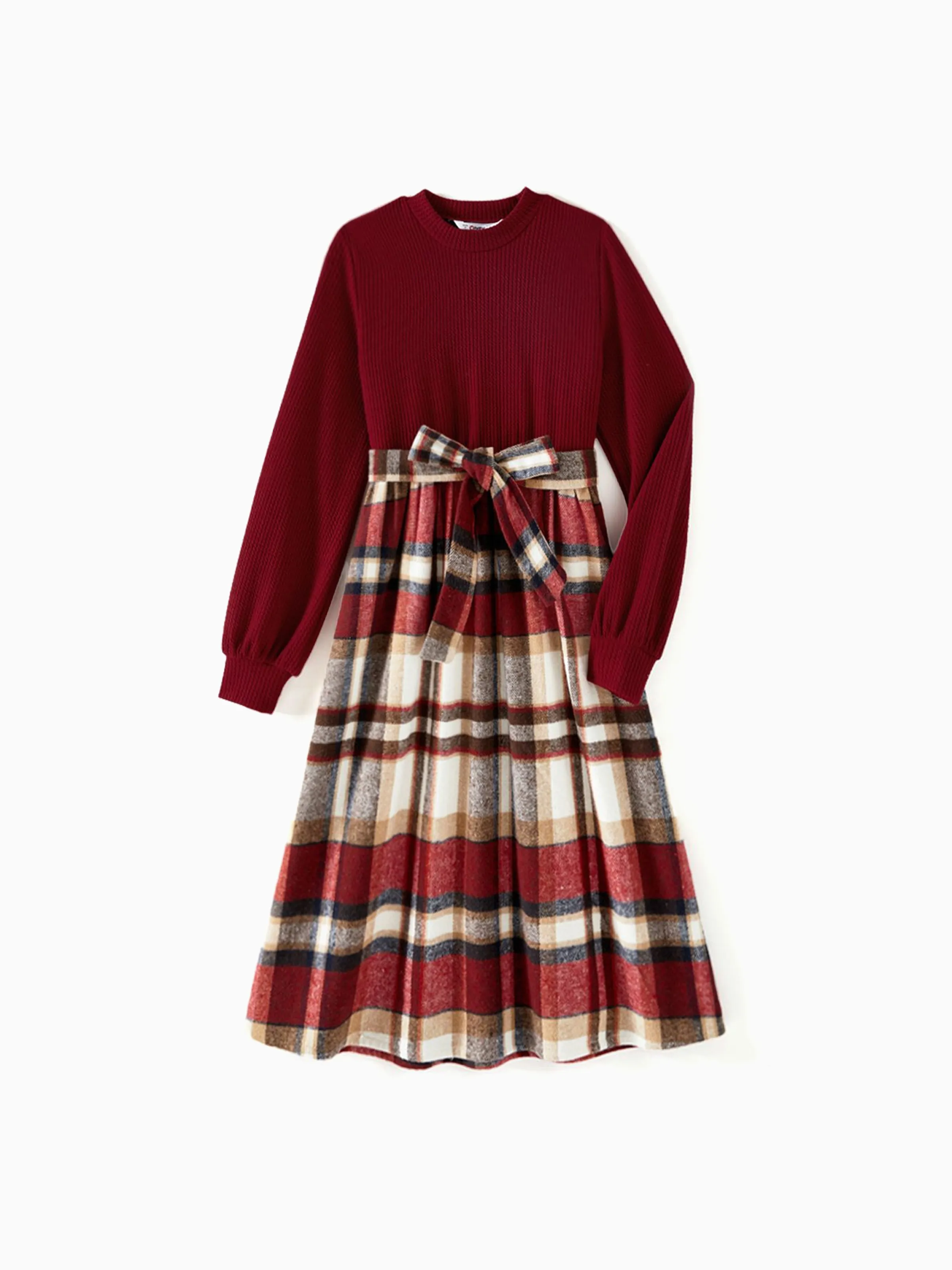 Family Matching Solid Ribbed Spliced Plaid Belted Dresses and Long-sleeve Button Up Shirts Sets MAROON - XNAUWBI