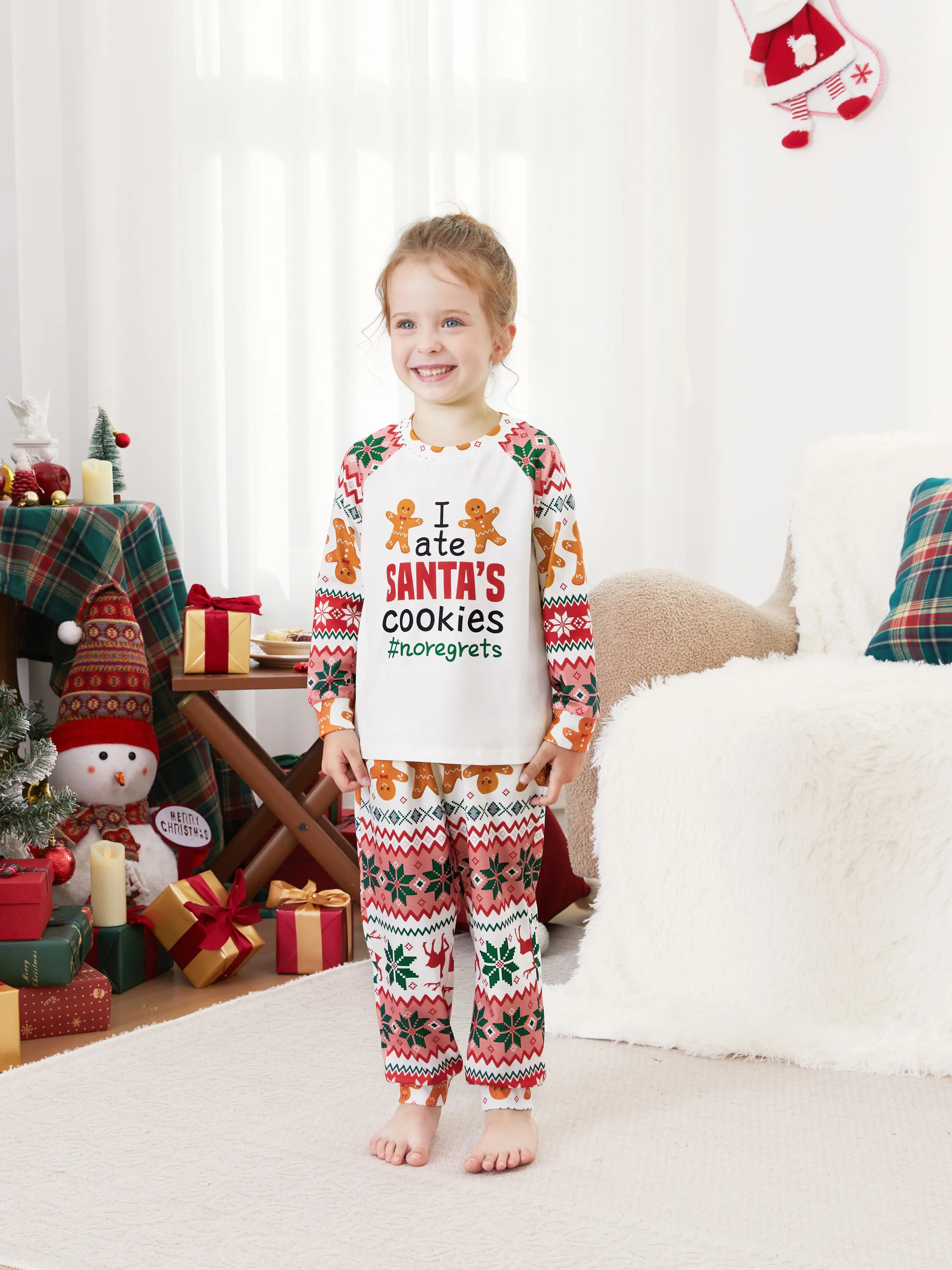Christmas Pajamas Family Matching Santa's Cookies Gingerbread Man Pattern Pajamas Sets with Christmas Socks MultiColour - XNAUWBI