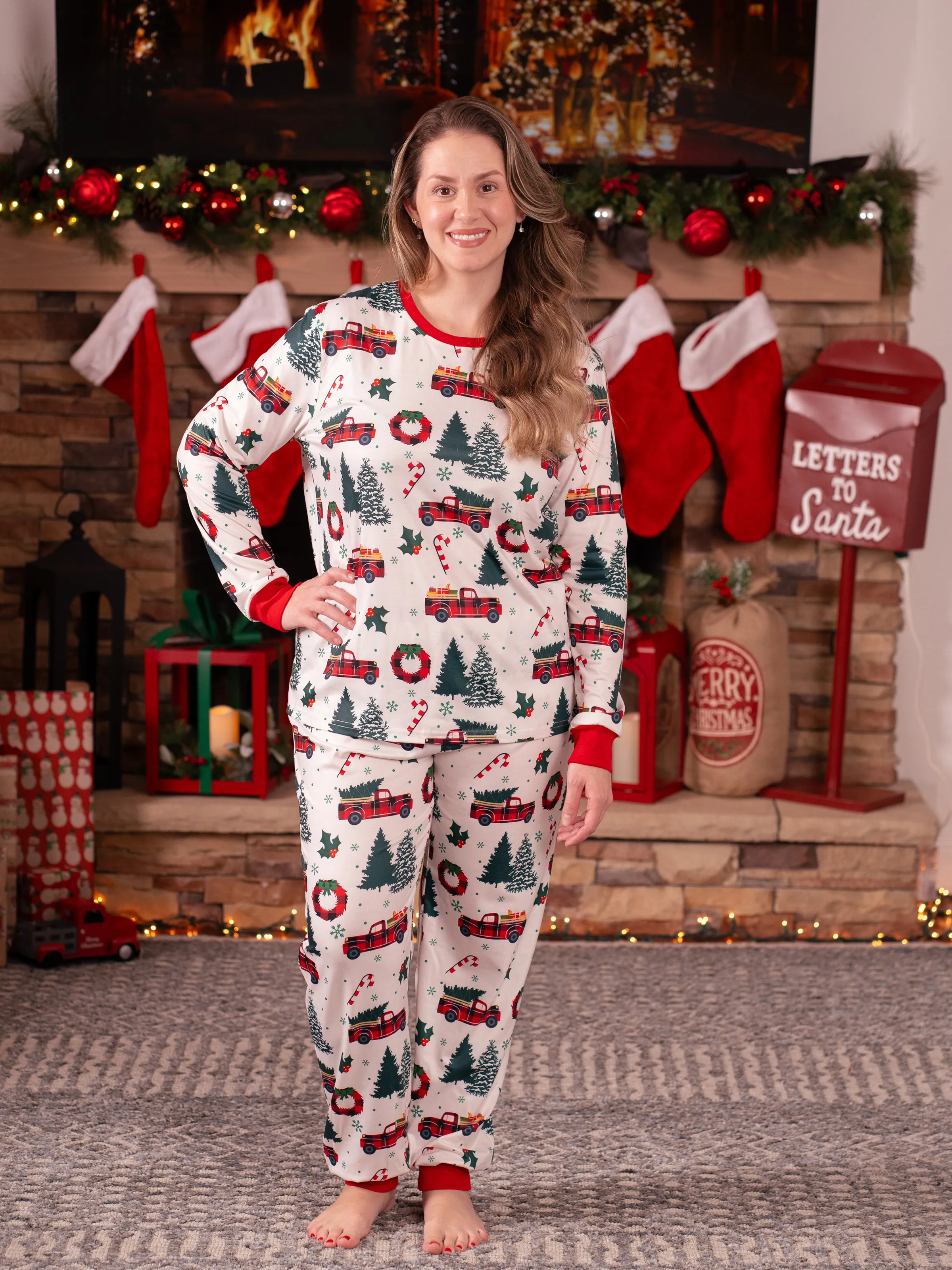Christmas Family Matching Allover Xmas Tree & Car Print Long-sleeve Pajamas Sets with Christmas Socks Multi-color - XNAUWBI