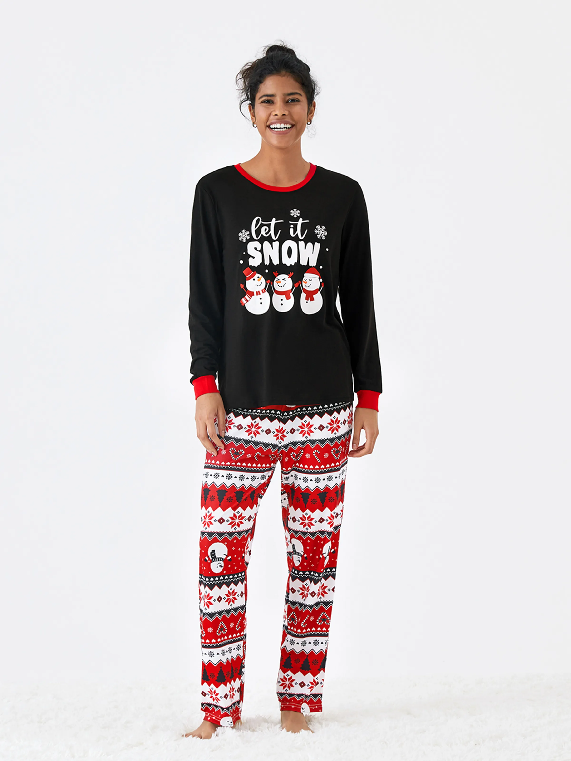 Christmas Family Pajamas Set Snowman Print Long-sleeve PJS with Christmas Socks Black - XNAUWBI