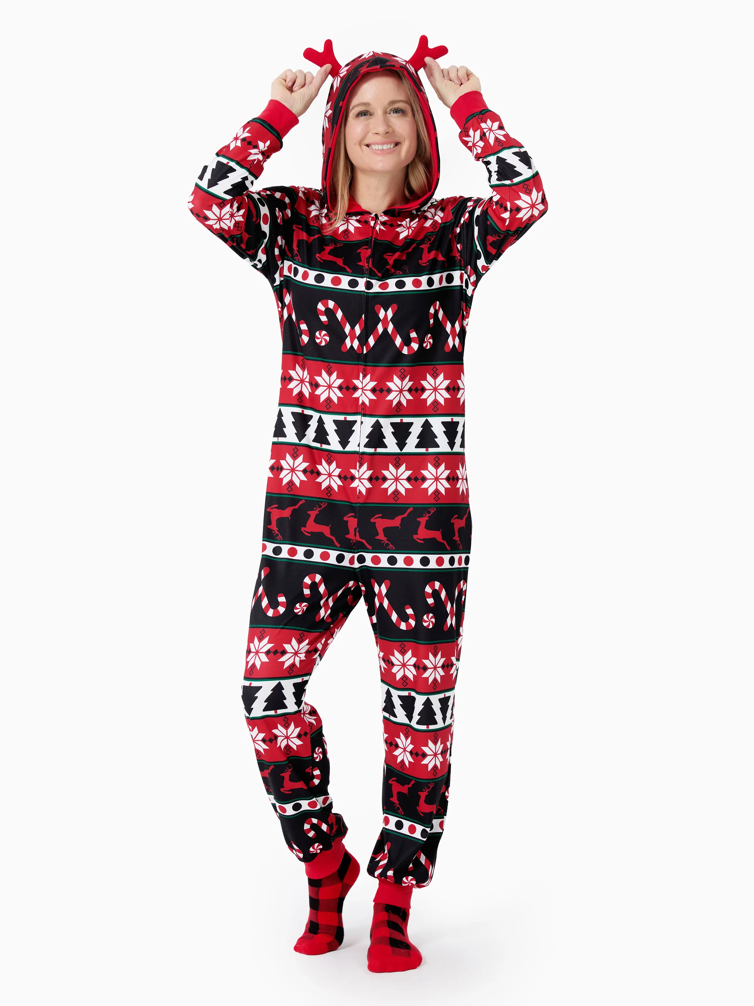 Christmas Pajamas 3D Reindeer Pattern Zipper Hooded Onesies Matching Family Outfits red/black - XNAUWBI