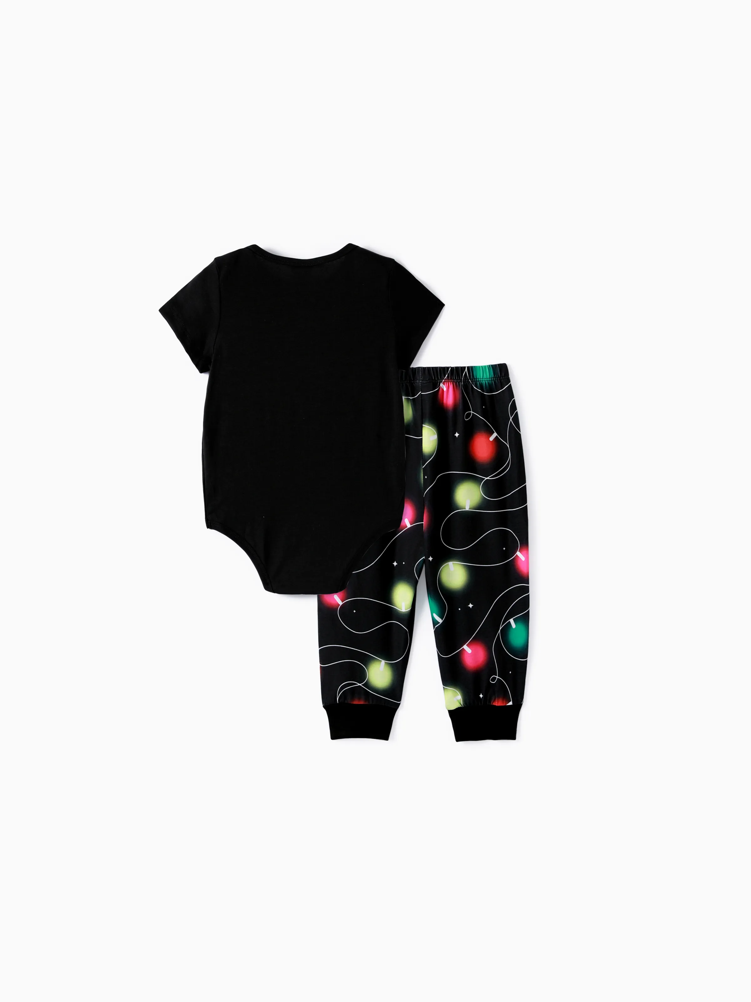 Christmas Family Matching Letters&Festive light bulb Print Short-sleeve Pajamas Sets Black - XNAUWBI