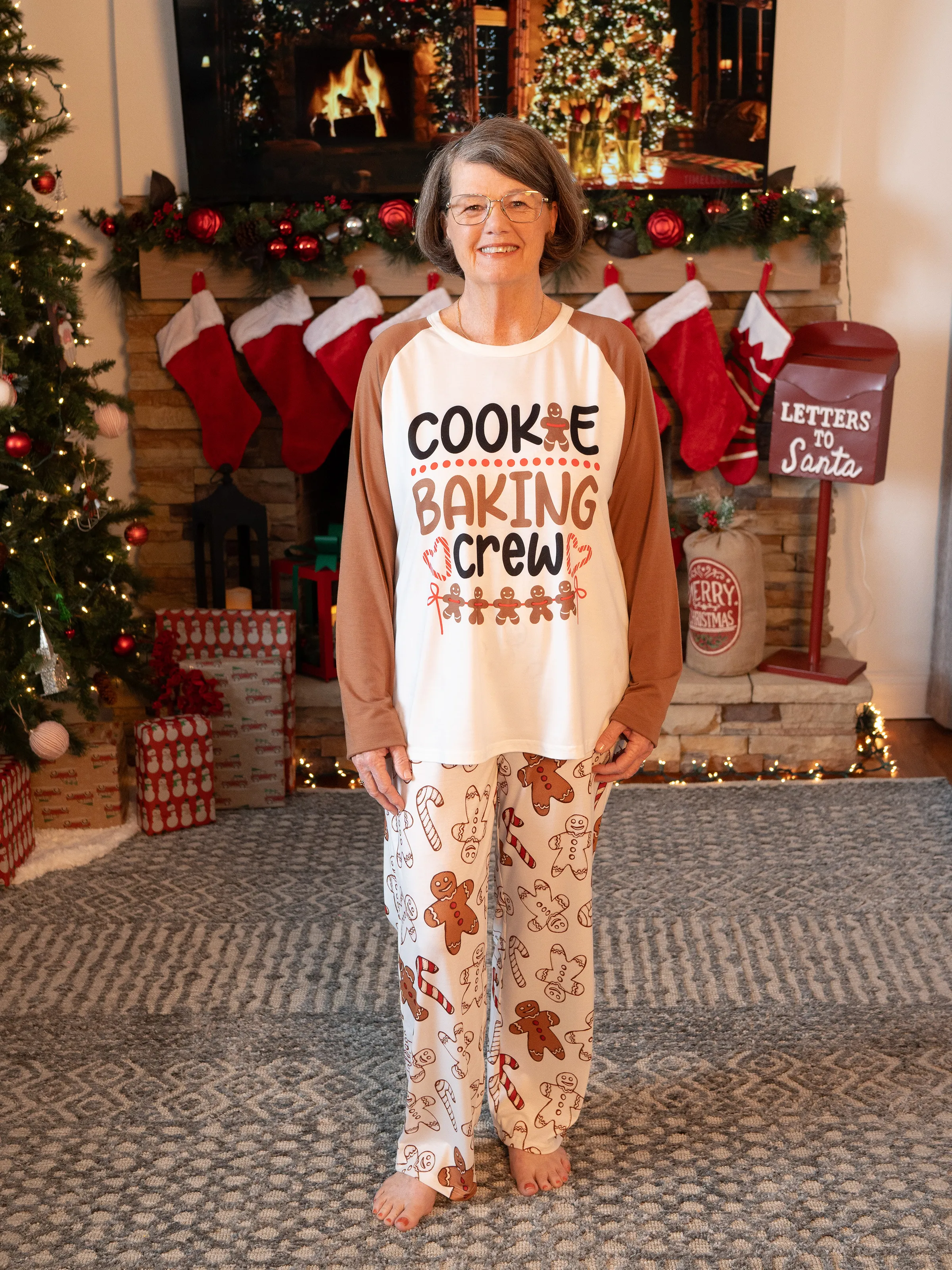 Christmas Family Matching Letter and Gingerbread Man Print Long-sleeve Pajamas Sets with Christmas Socks Khaki - XNAUWBI