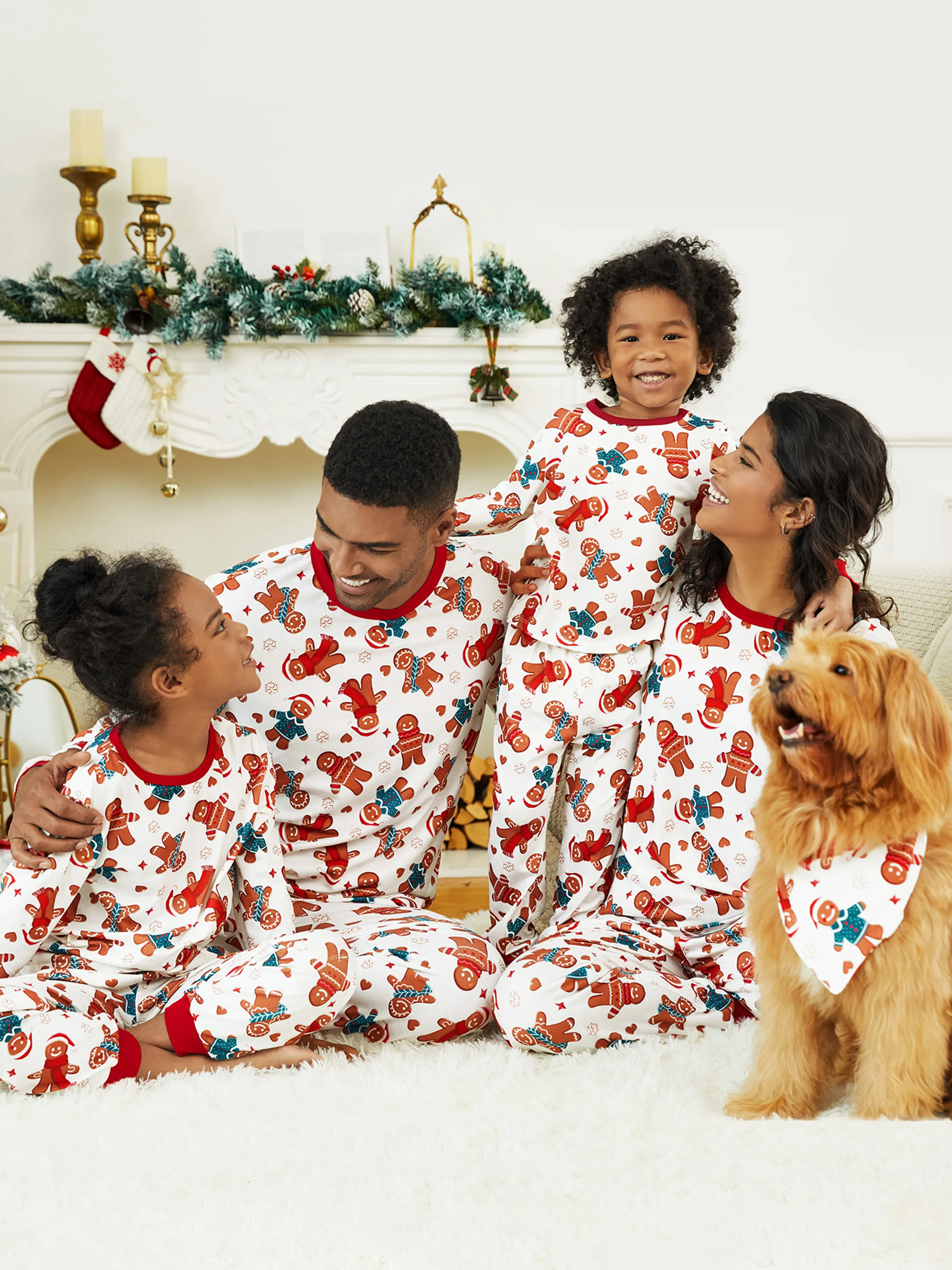 Christmas Family Matching Cartoon Gingerbread Man Allover Print Pajamas Sets with Christmas Socks White - XNAUWBI