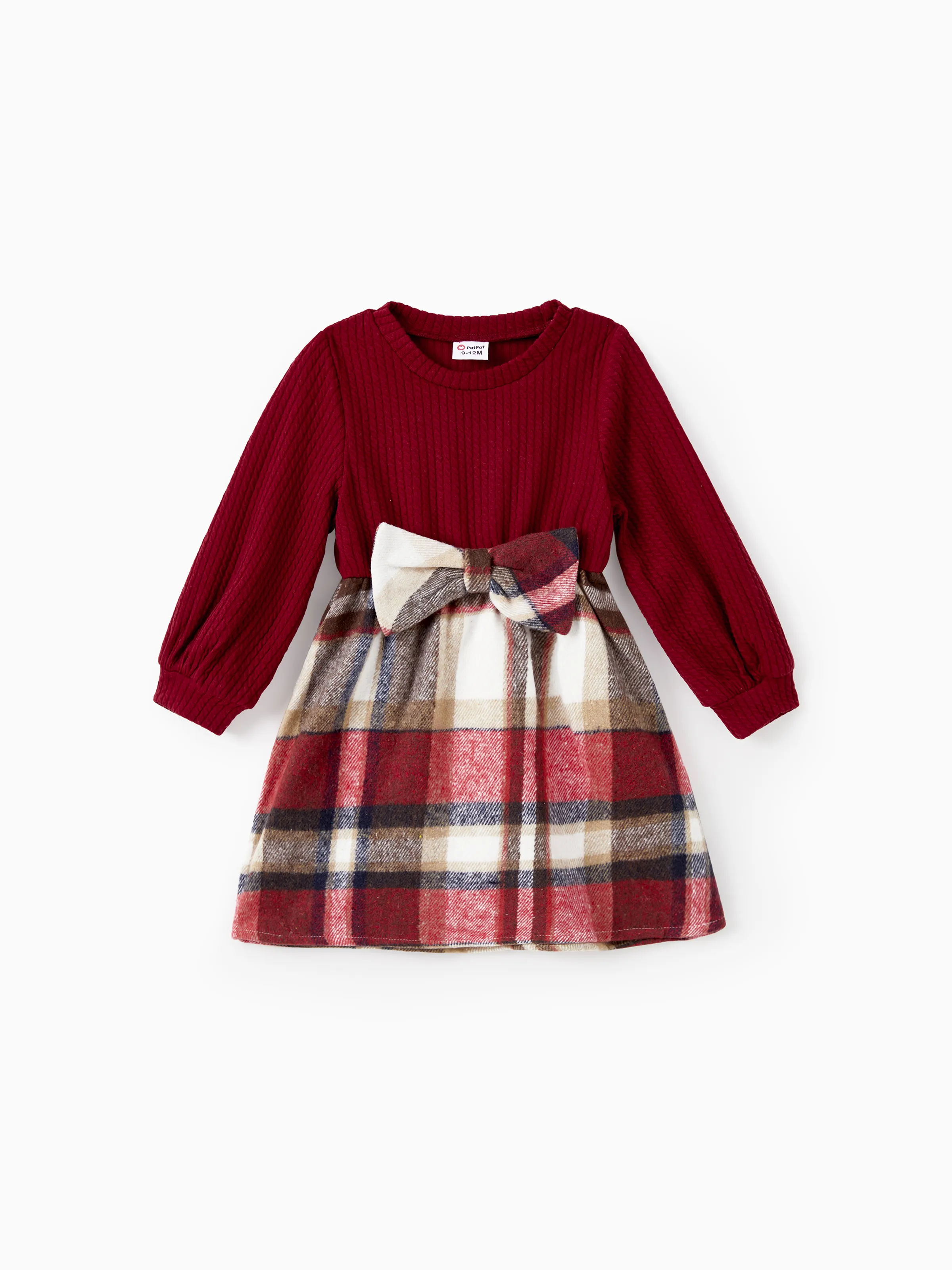 Family Matching Solid Ribbed Spliced Plaid Belted Dresses and Long-sleeve Button Up Shirts Sets MAROON - XNAUWBI