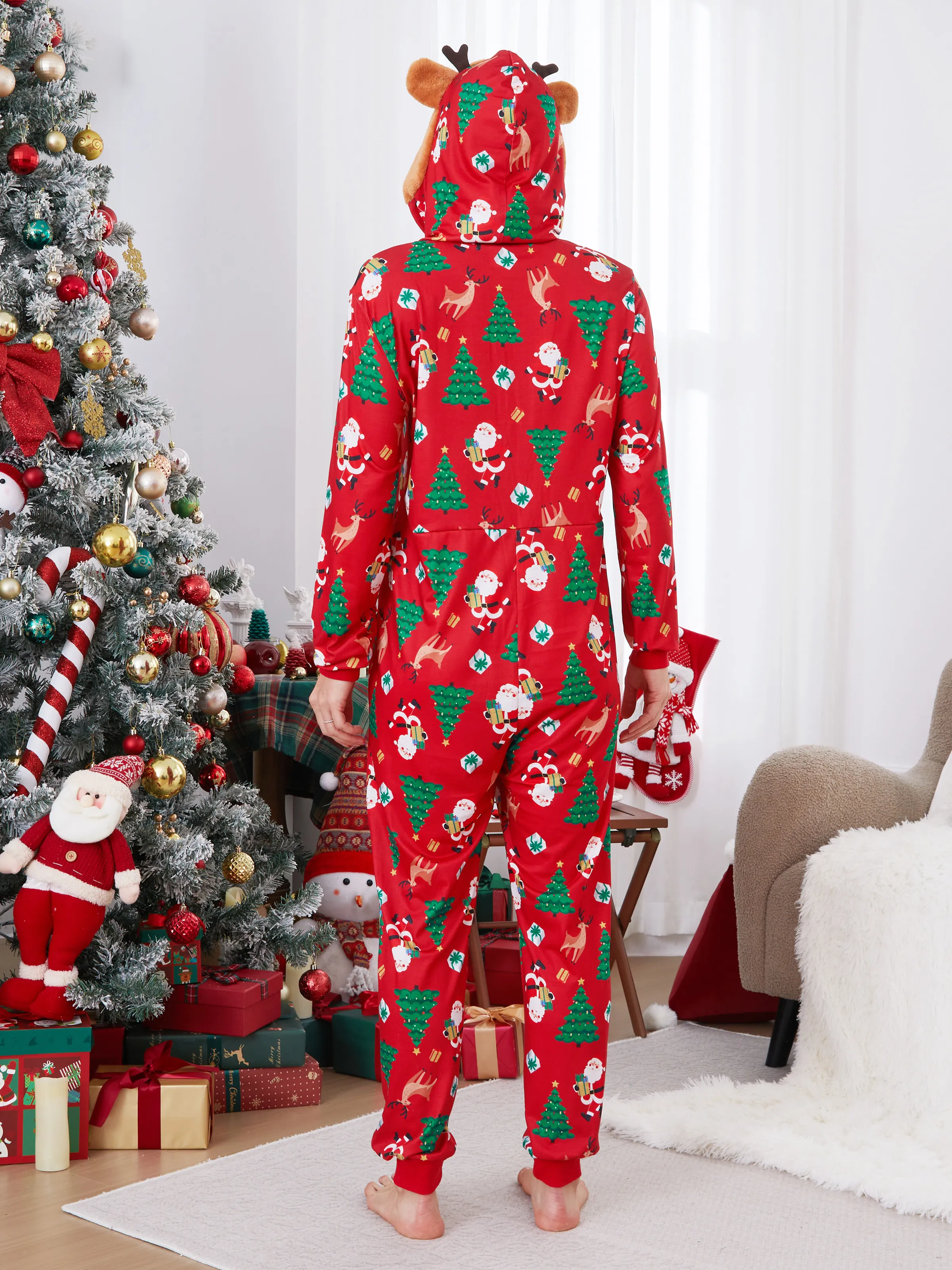 Christmas Family Pajamas Sets 3D Reindeer Hooded Allover Print Onesies with Christmas Socks Red-2 - XNAUWBI