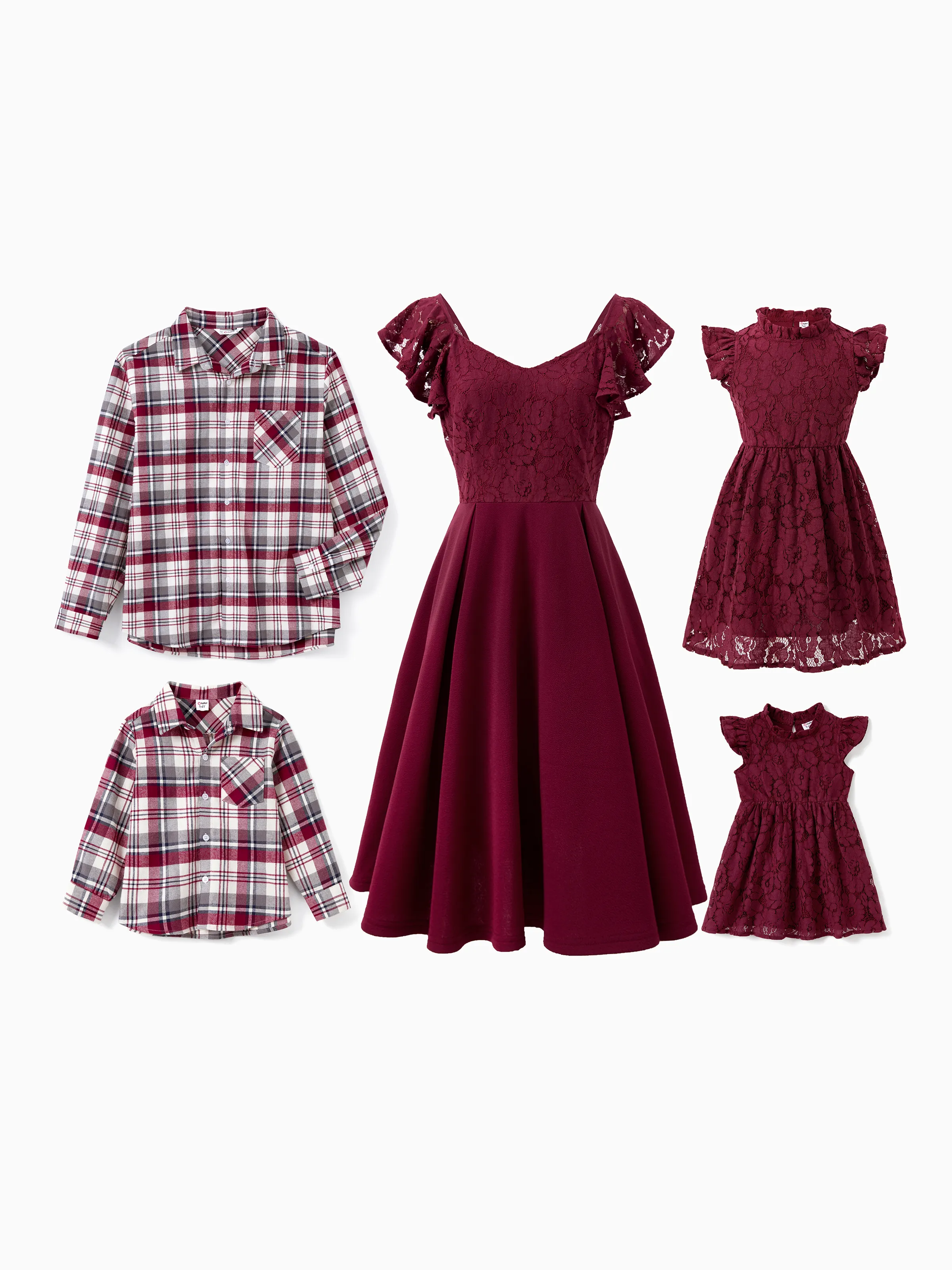Family Matching Sets Plaid Shirt or Red Wine Lace Ruffle Sleeve A-Line Dress WineRed - XNAUWBI
