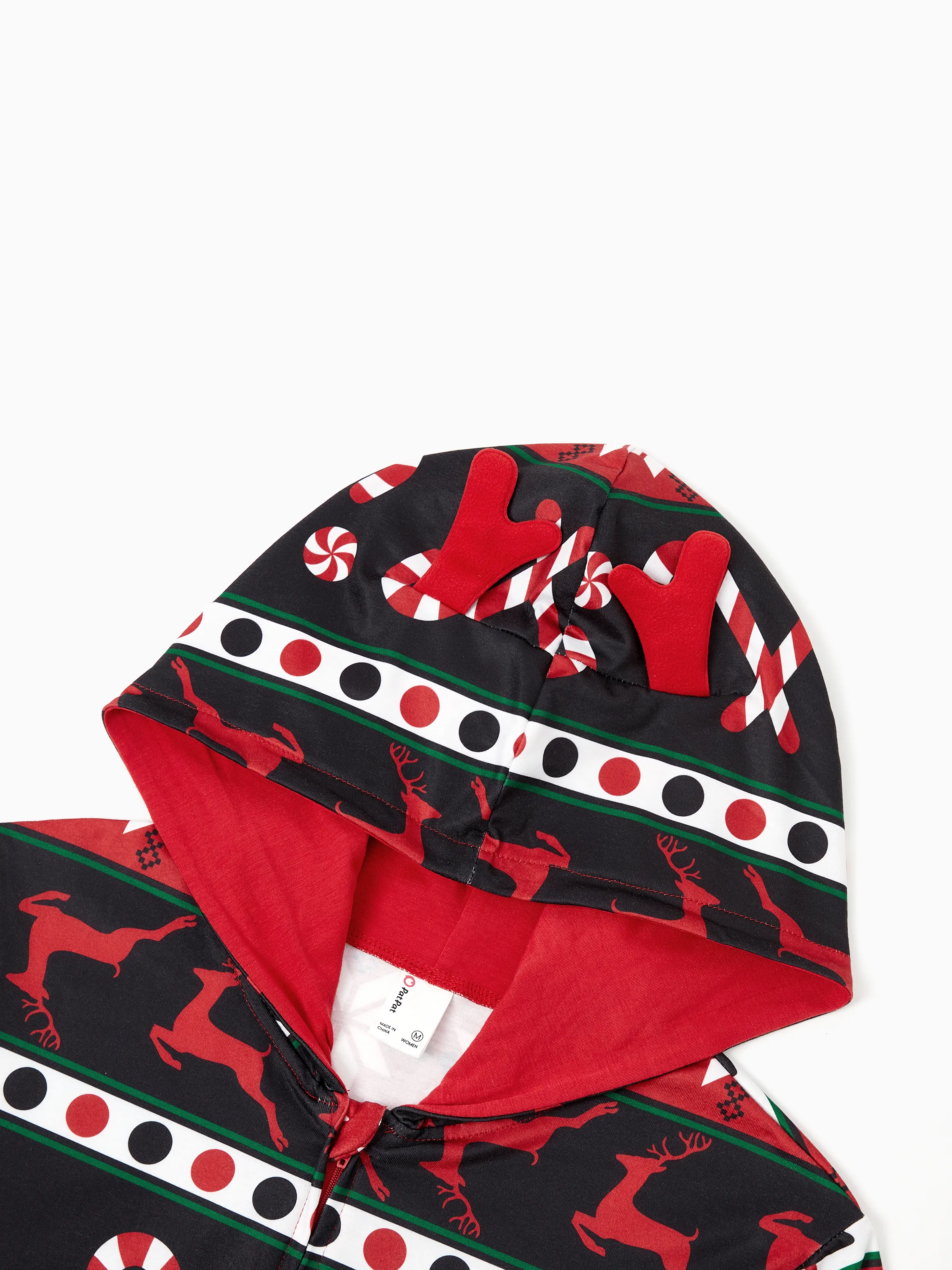 Christmas Pajamas 3D Reindeer Pattern Zipper Hooded Onesies Matching Family Outfits red/black - XNAUWBI