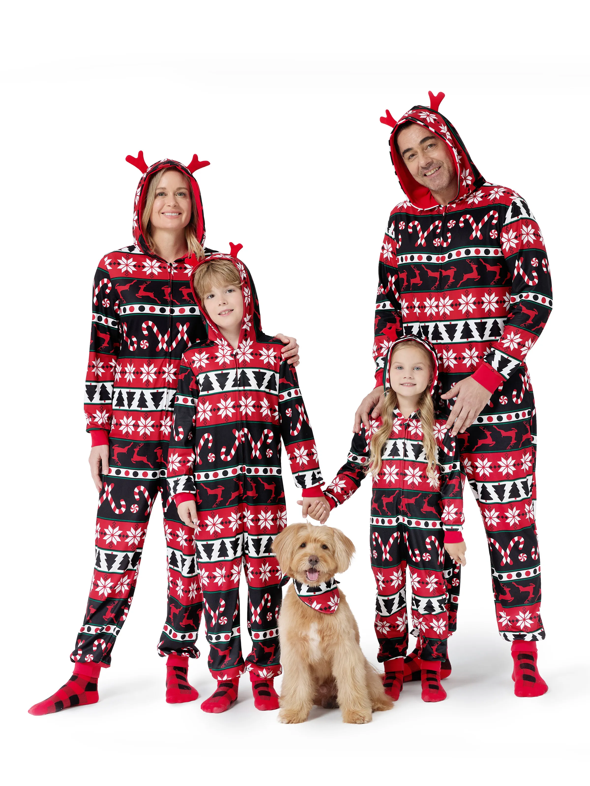 Christmas Pajamas 3D Reindeer Pattern Zipper Hooded Onesies Matching Family Outfits red/black - XNAUWBI
