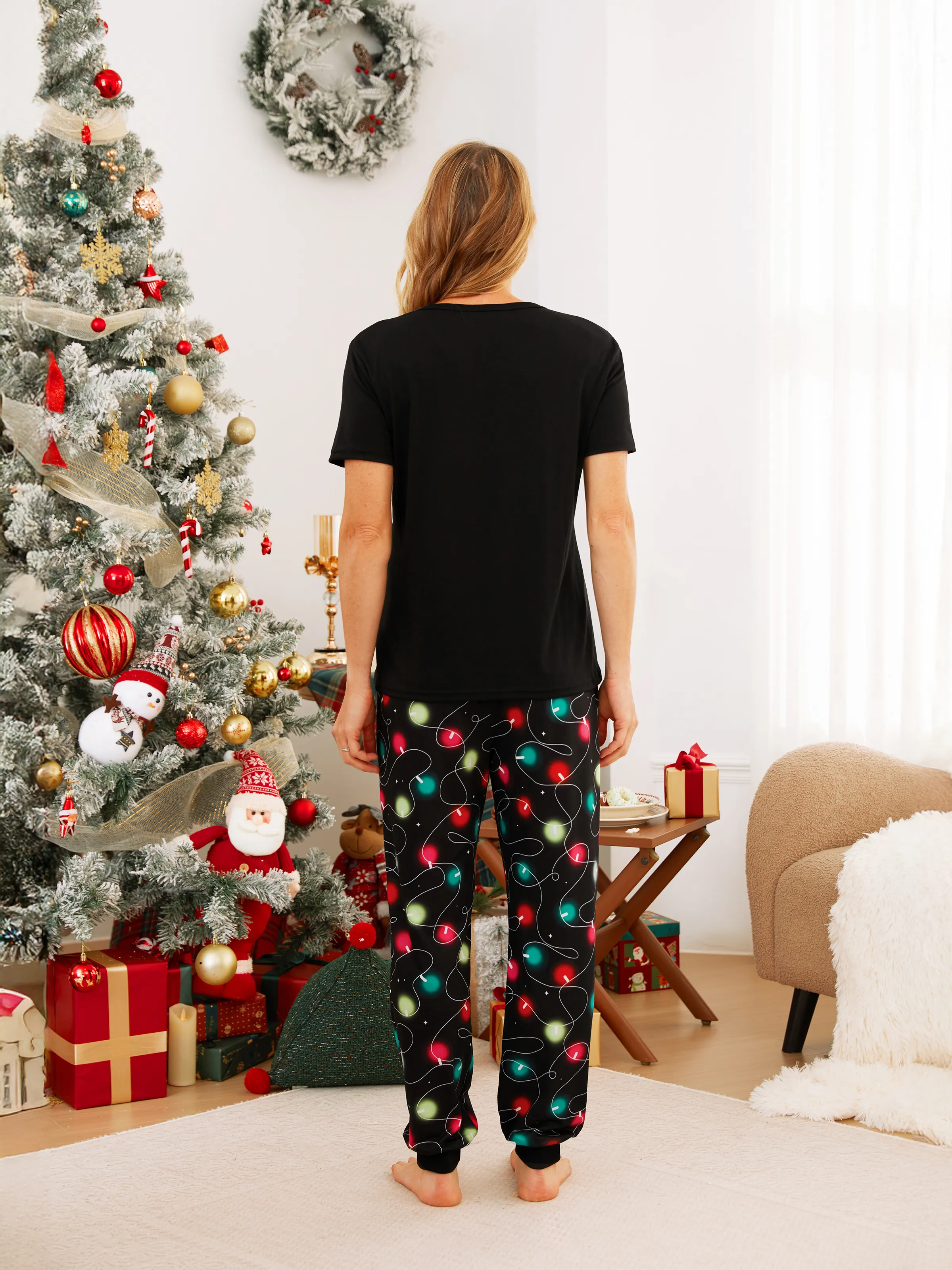 Christmas Family Matching Letters&Festive light bulb Print Short-sleeve Pajamas Sets Black - XNAUWBI