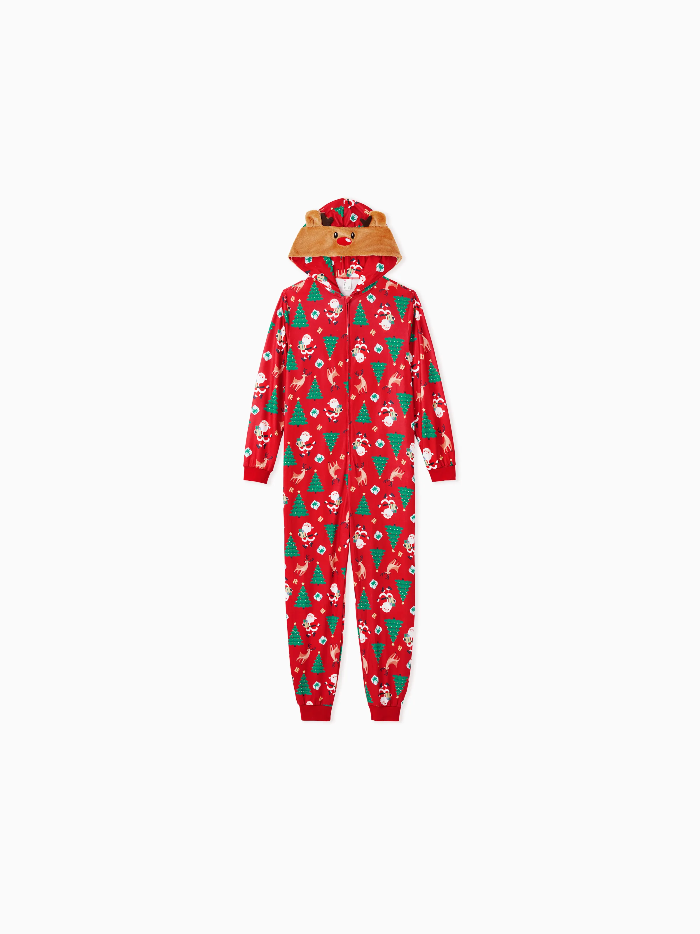 Christmas Family Pajamas Sets 3D Reindeer Hooded Allover Print Onesies with Christmas Socks Red-2 - XNAUWBI