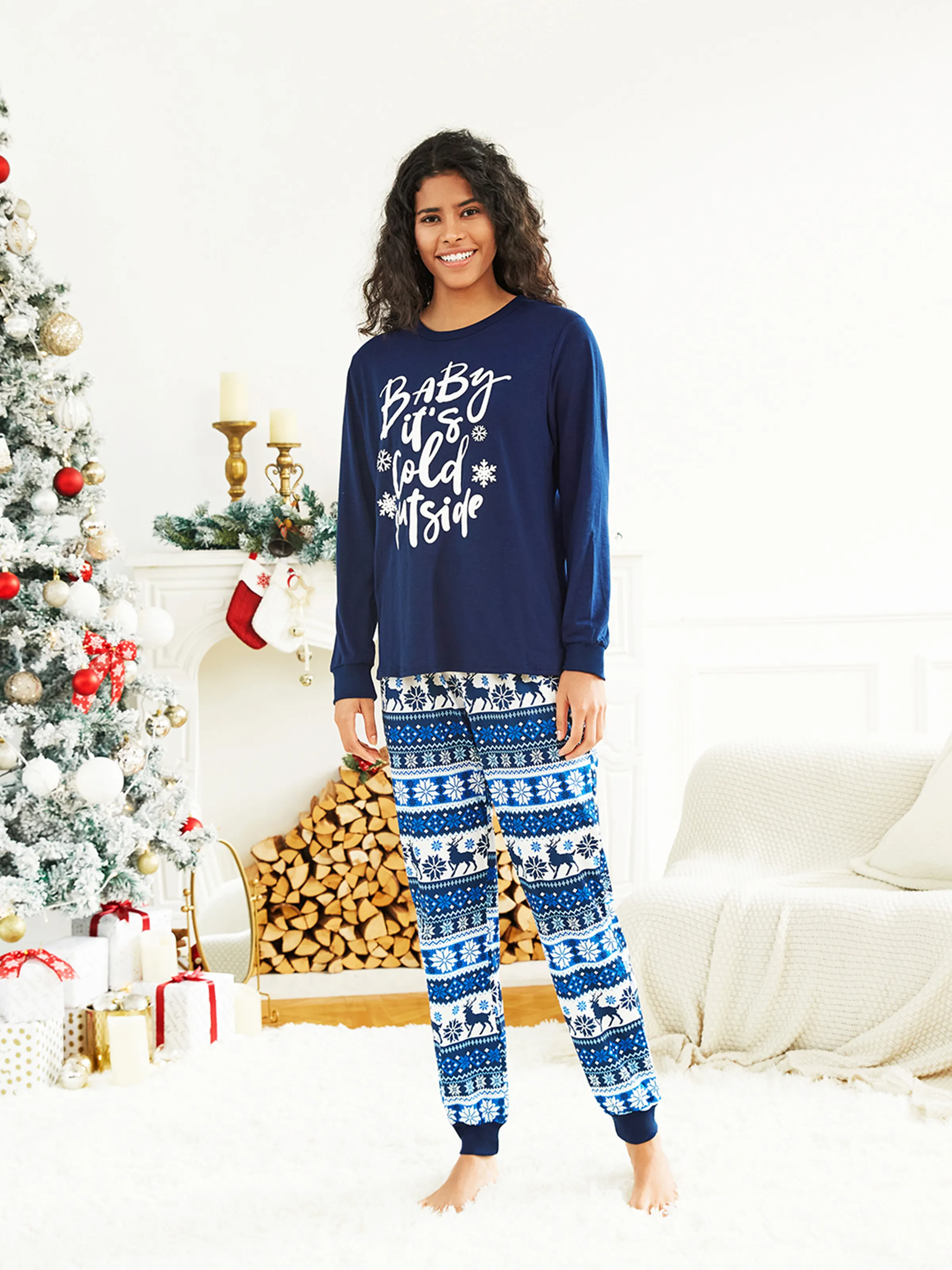 Mosaic Family Matching Letter Top Reindeer Pants Christmas Pajamas Sets with Christmas Socks Deep Blue - XNAUWBI